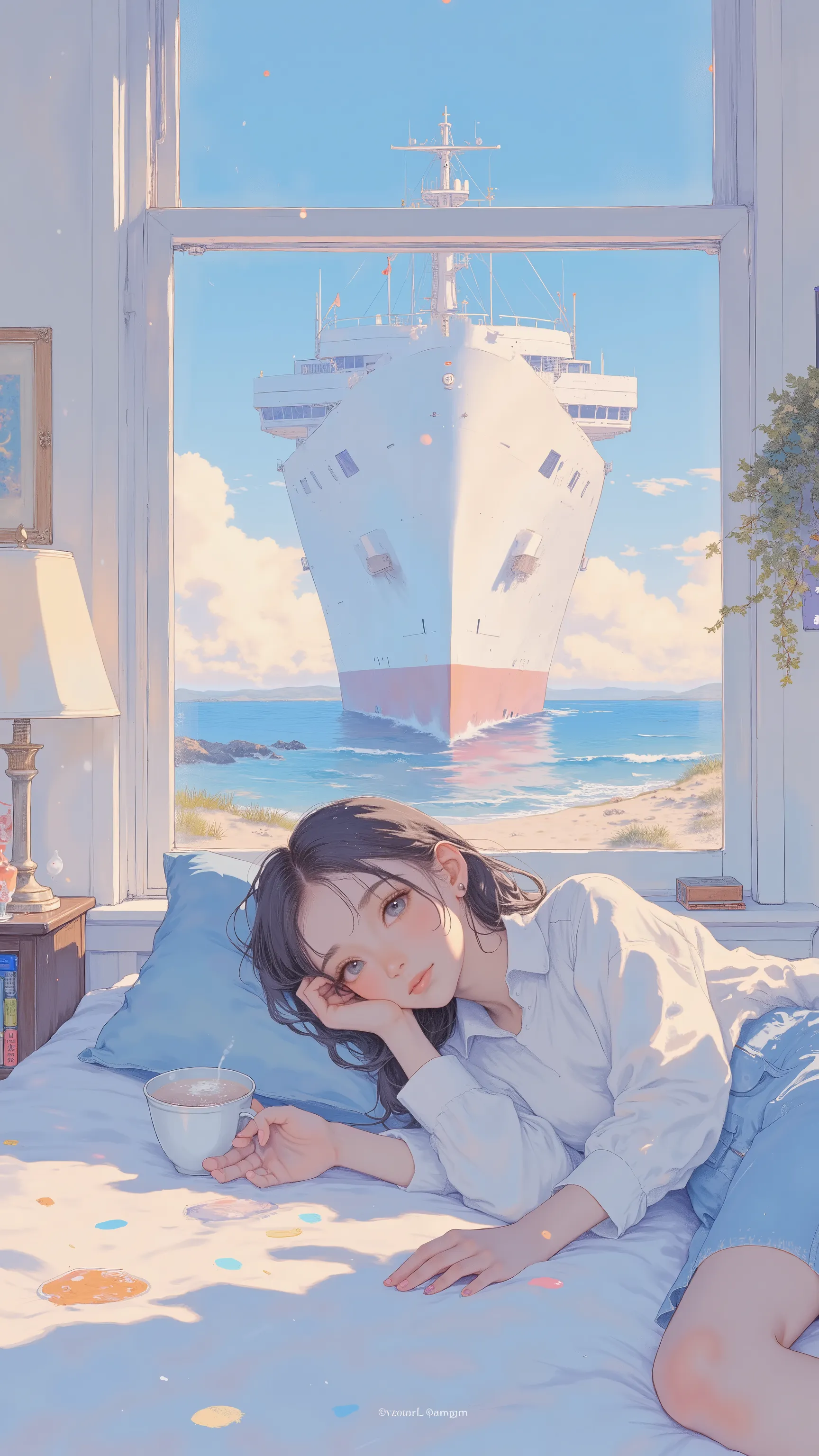 ベッドに横たわるanimeキャラクタ、In the background is a large ship, ❤🔥🍄🌪, 🪔 🎨;🌞🌄, , by Kentaro Miura, big!!!!!!!!!!!!, slice of life anime, happy!!!, anime style”, official art, an retro anime image, by Hiroshi Arakawa, anime!!!!, FLCL
