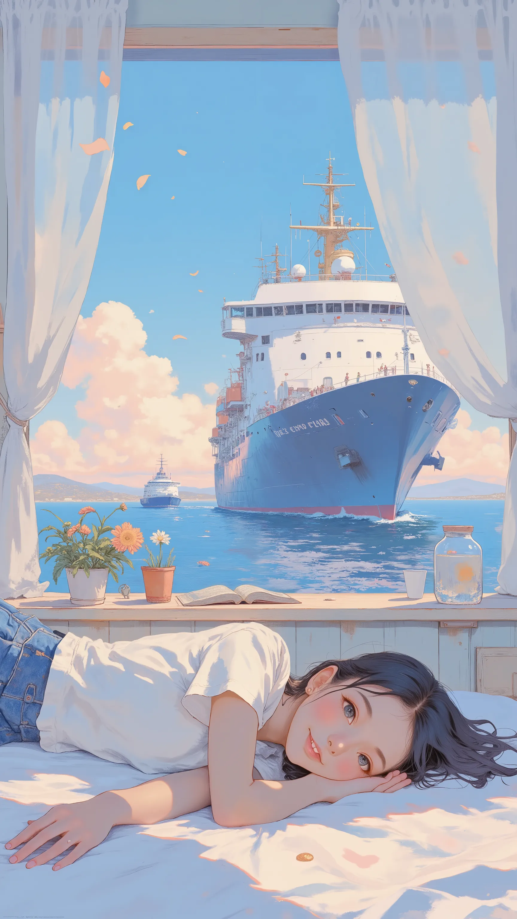 ベッドに横たわるanimeキャラクタ、In the background is a large ship, ❤🔥🍄🌪, 🪔 🎨;🌞🌄, , by Kentaro Miura, big!!!!!!!!!!!!, slice of life anime, happy!!!, anime style”, official art, an retro anime image, by Hiroshi Arakawa, anime!!!!, FLCL