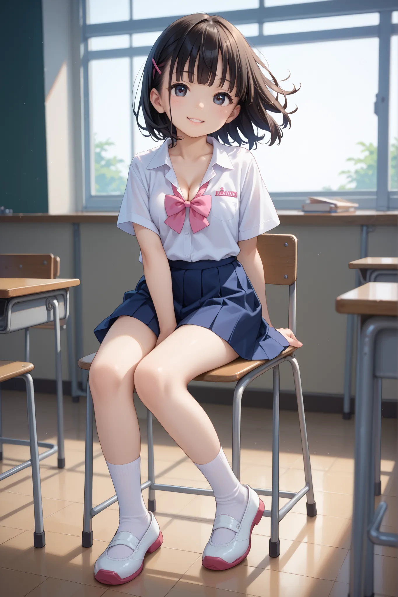 score_9, score_8_up, score_7_up, source_anime, masterpiece, highest quality, young girl, black eye, black hair, short sleeve, cleavage, school ribbon, middle-sized breasts, white socks, white shoes, in classroom, wind blows, smile, sitting on chair, full b...