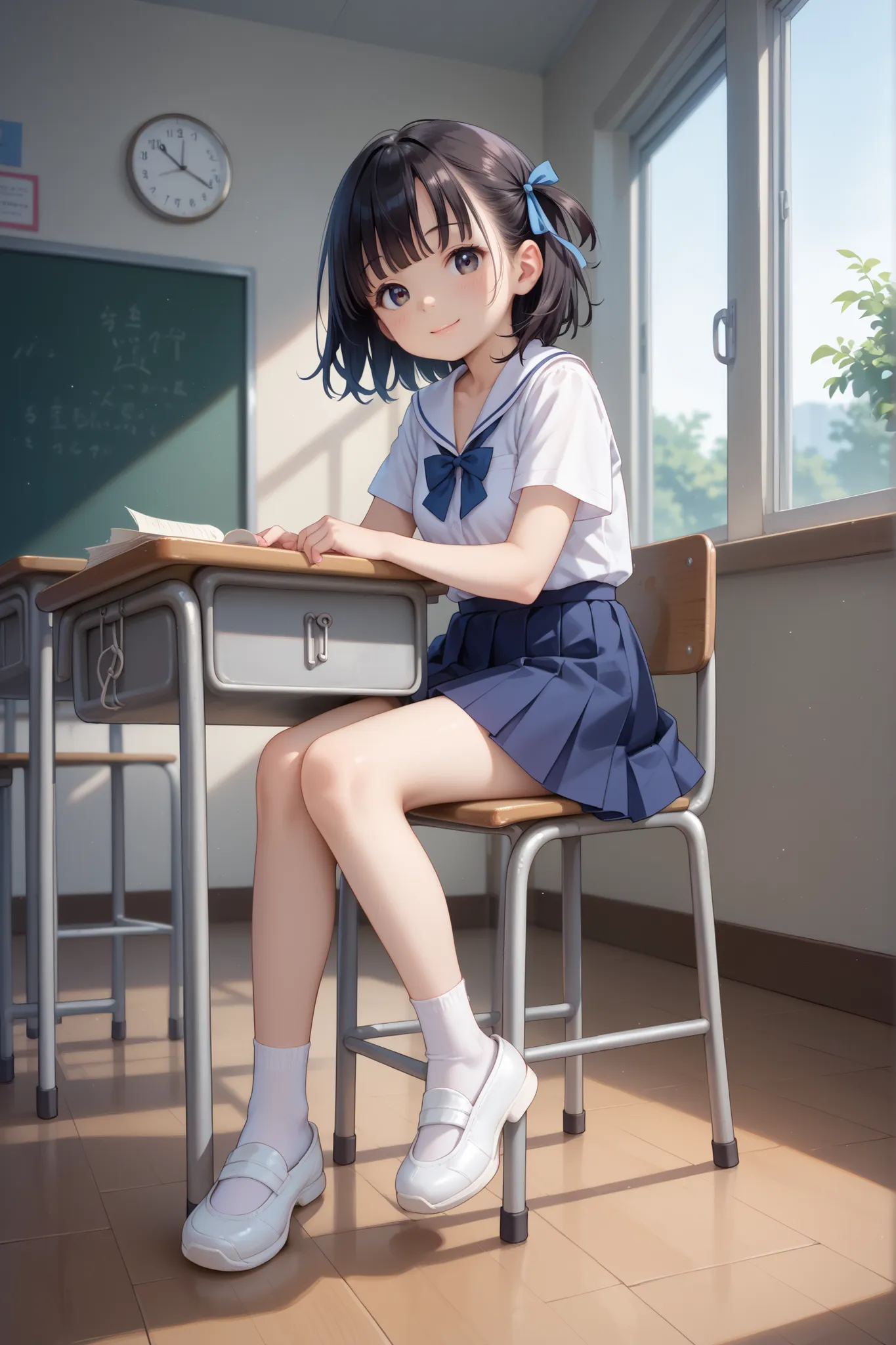 score_9, score_8_up, score_7_up, source_anime, masterpiece, highest quality, young girl, black eye, black hair, short sleeve, cleavage, school ribbon, middle-sized breasts, white socks, white shoes, in classroom, wind blows, smile, sitting on chair, full b...
