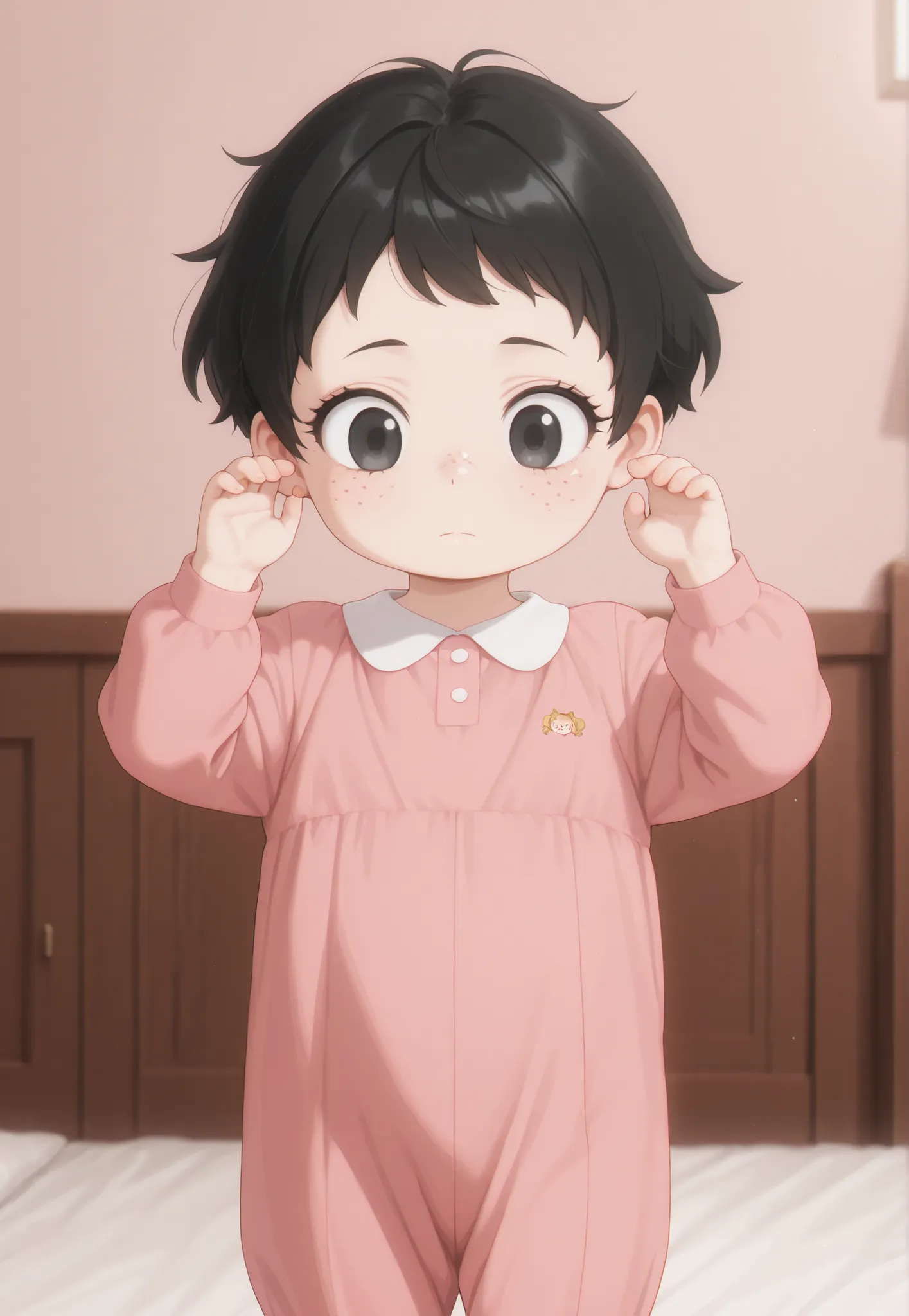 Masterpiece, better quality, newest, safe, good anatomy, good resolution, good lighting.  beautiful, anime, . Little girl, black hair and SHORT hair. black eyes. black eyelashes, piel clara, freckles on cheeks. Adorable 6-8 month old baby. looking at the s...