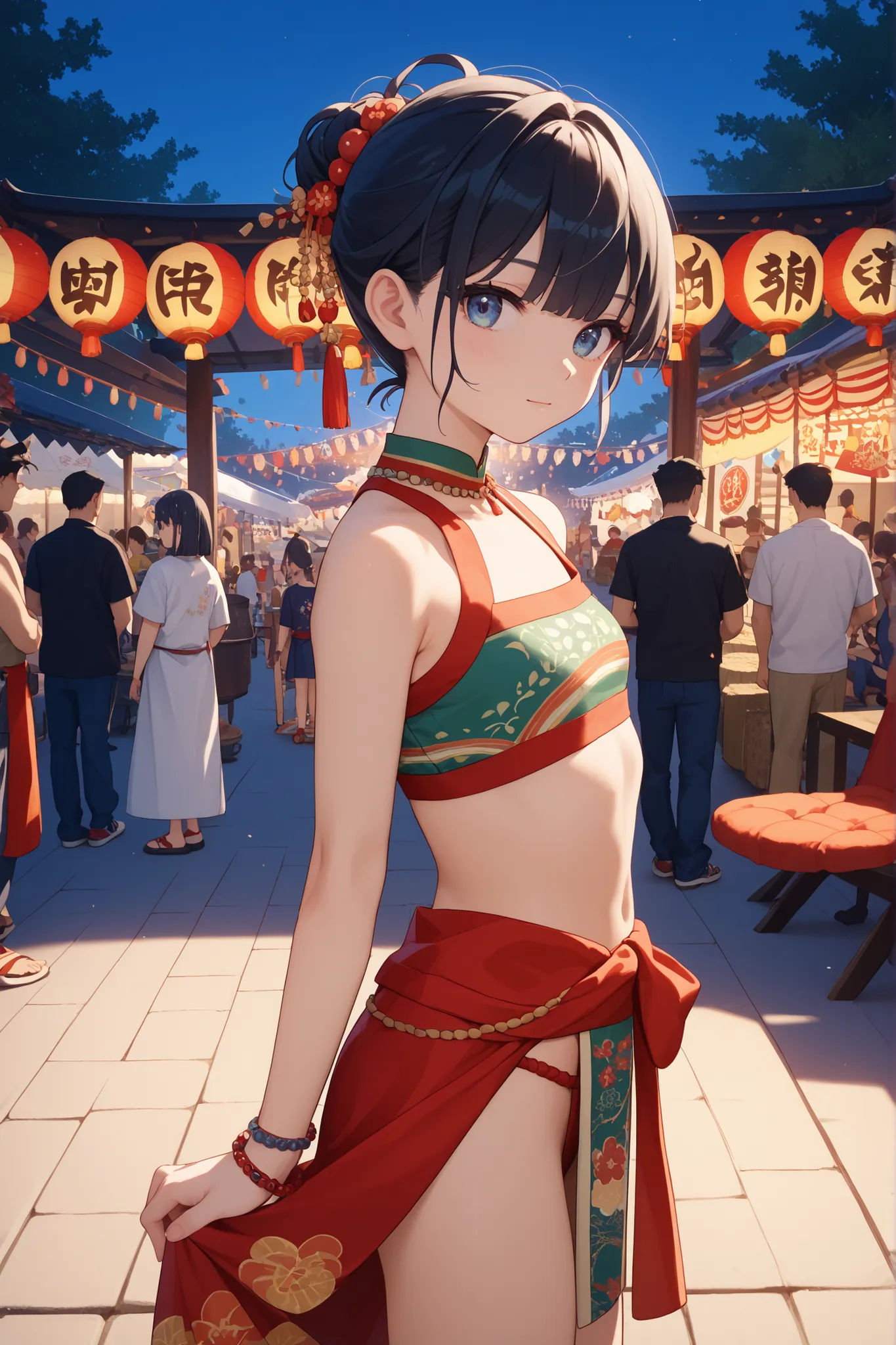   18 year old boy, short black hair, Festival Outfit, 褌, slim and youthful body, 15 cm and 5 cm of natural bulge, 20 year old girl, Sarashi to Shashi, In 69 positions, girls are above, side view, festival background with blurred taiko drums, detailed cloth...