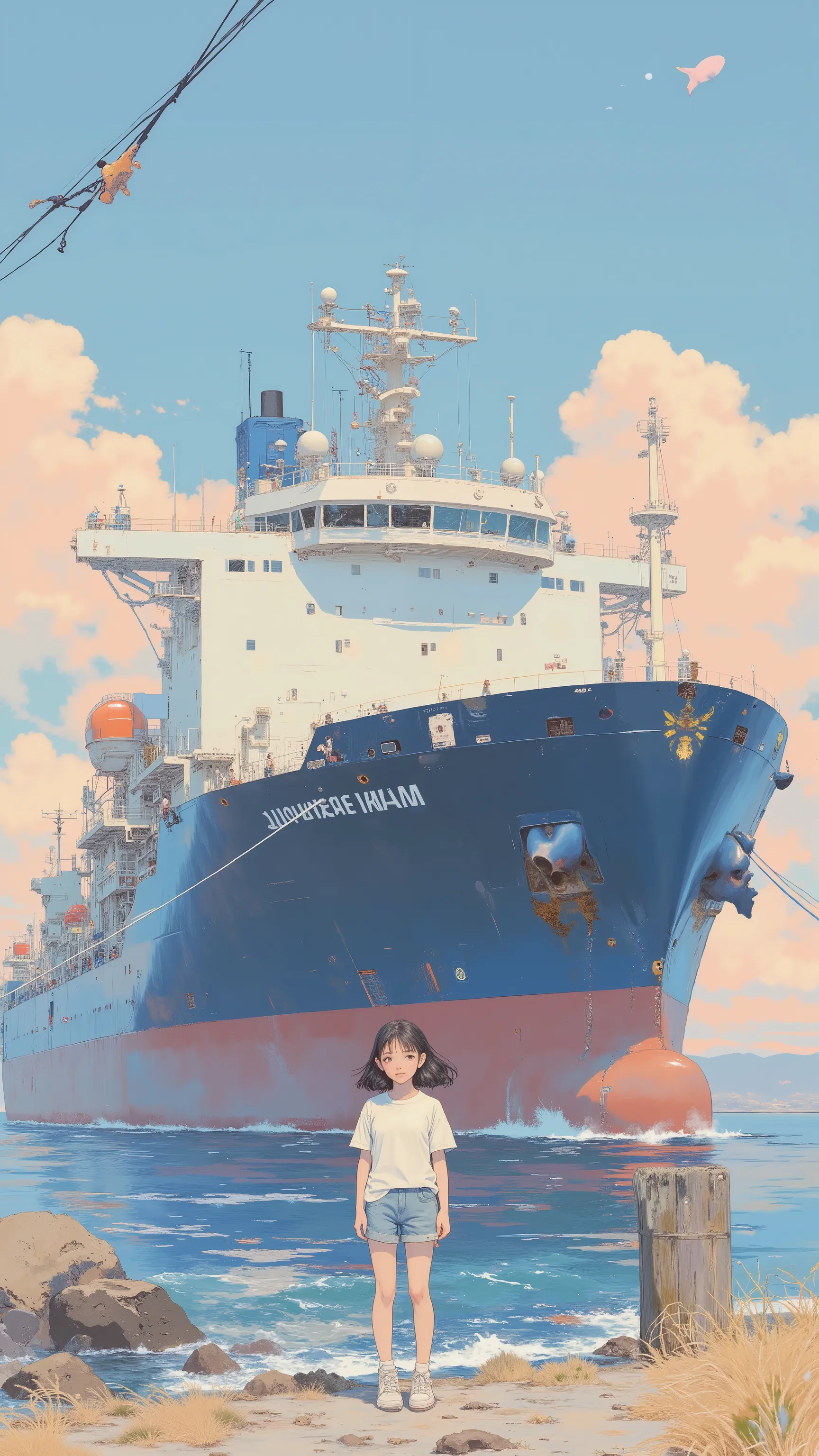 ベッドに横たわるanimeキャラクタ、Large cargo ship in the background, ❤🔥🍄🌪, 🪔 🎨;🌞🌄, , by Kentaro Miura, big!!!!!!!!!!!!, slice of life anime, happy!!!, anime style”, official art, an retro anime image, by Hiroshi Arakawa, anime!!!!, FLCL