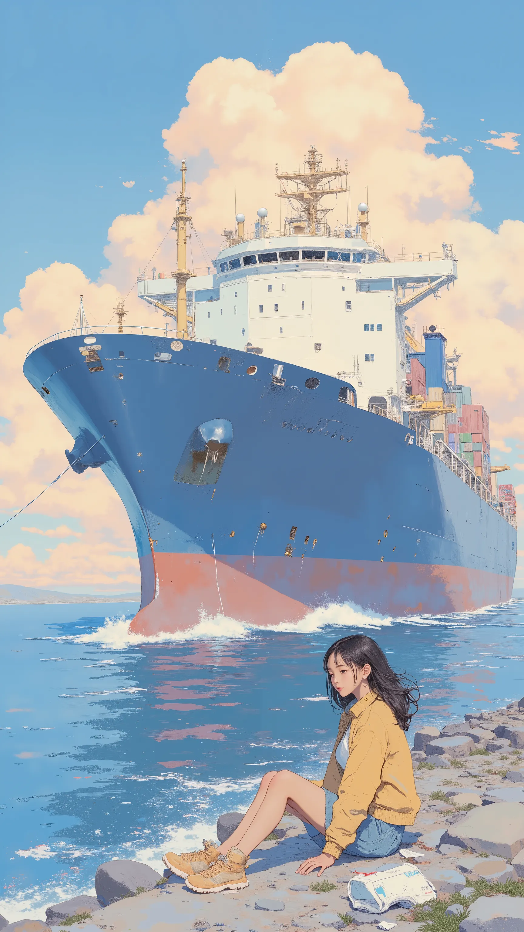 ベッドに横たわるanimeキャラクタ、Large cargo ship in the background, ❤🔥🍄🌪, 🪔 🎨;🌞🌄, , by Kentaro Miura, big!!!!!!!!!!!!, slice of life anime, happy!!!, anime style”, official art, an retro anime image, by Hiroshi Arakawa, anime!!!!, FLCL