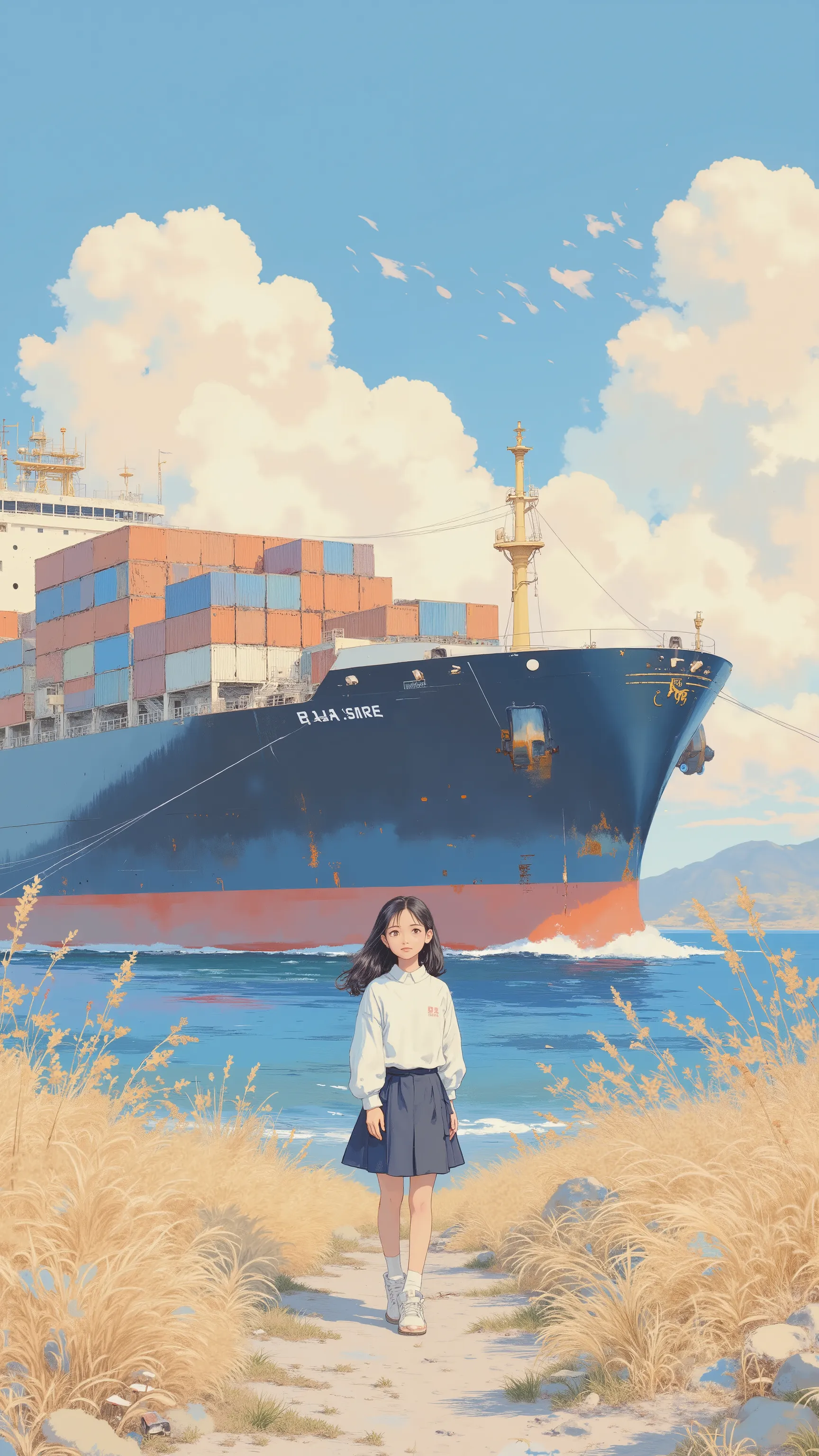 ベッドに横たわるanimeキャラクタ、Large cargo ship in the background, ❤🔥🍄🌪, 🪔 🎨;🌞🌄, , by Kentaro Miura, big!!!!!!!!!!!!, slice of life anime, happy!!!, anime style”, official art, an retro anime image, by Hiroshi Arakawa, anime!!!!, FLCL