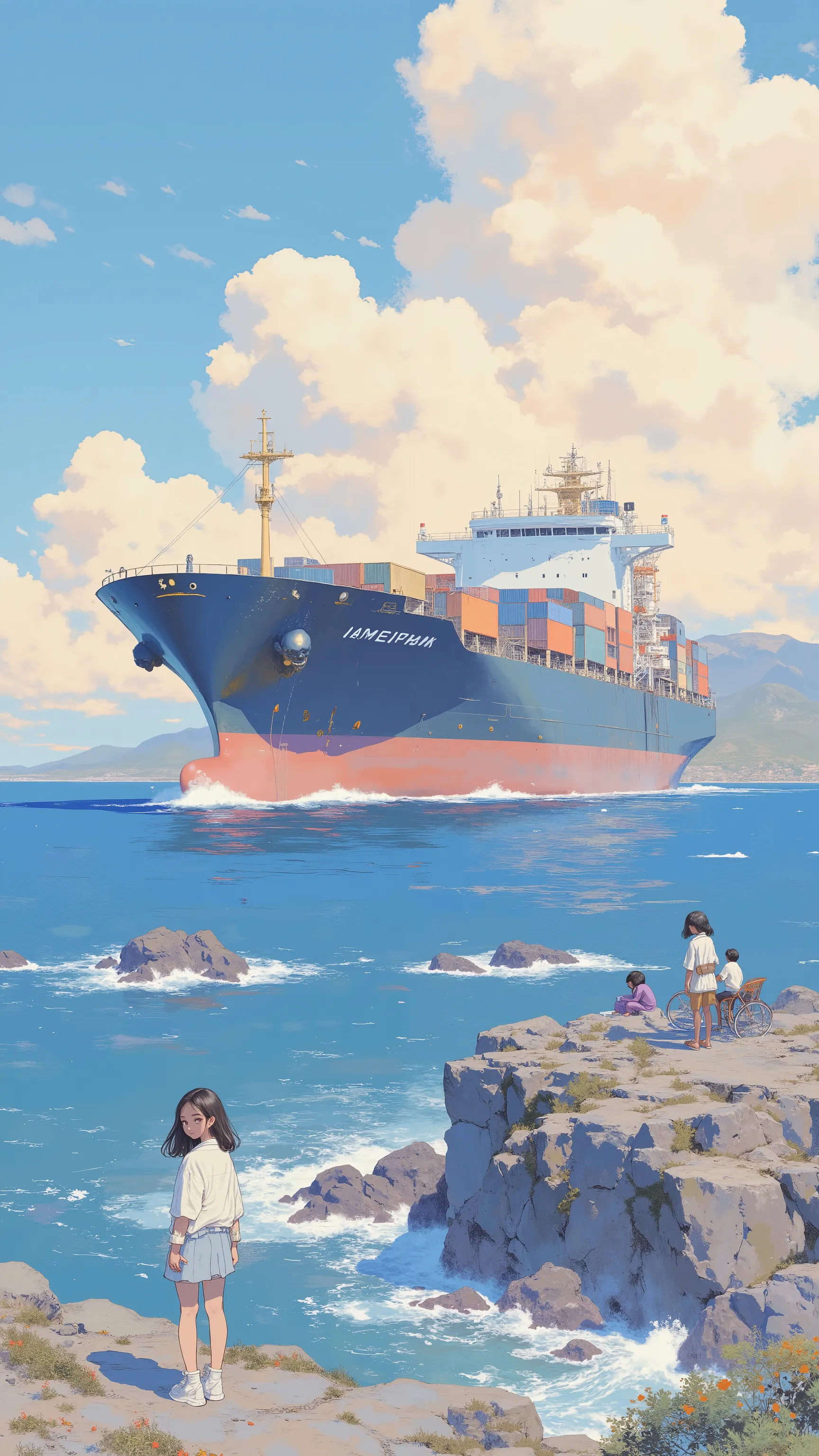 ベッドに横たわるanimeキャラクタ、Large cargo ship in the background, ❤🔥🍄🌪, 🪔 🎨;🌞🌄, , by Kentaro Miura, big!!!!!!!!!!!!, slice of life anime, happy!!!, anime style”, official art, an retro anime image, by Hiroshi Arakawa, anime!!!!, FLCL