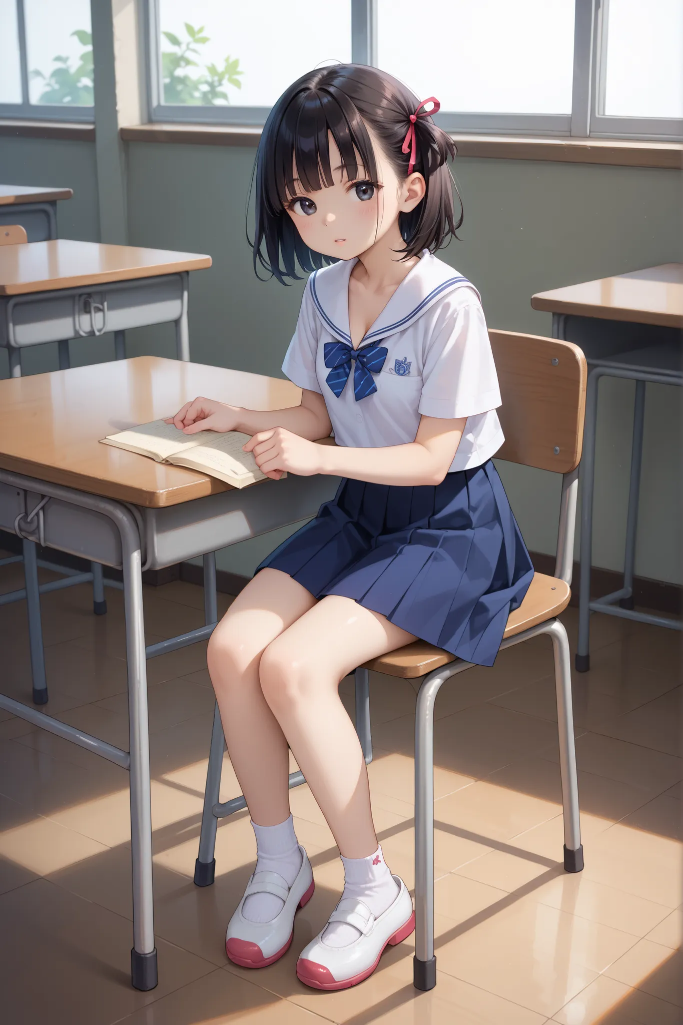 score_9, score_8_up, score_7_up, source_anime, masterpiece, highest quality, young girl, black eye, black hair, short sleeve, cleavage, school ribbon, middle-sized breasts, white socks, white shoes, in classroom, wind blows, sitting on chair, full body