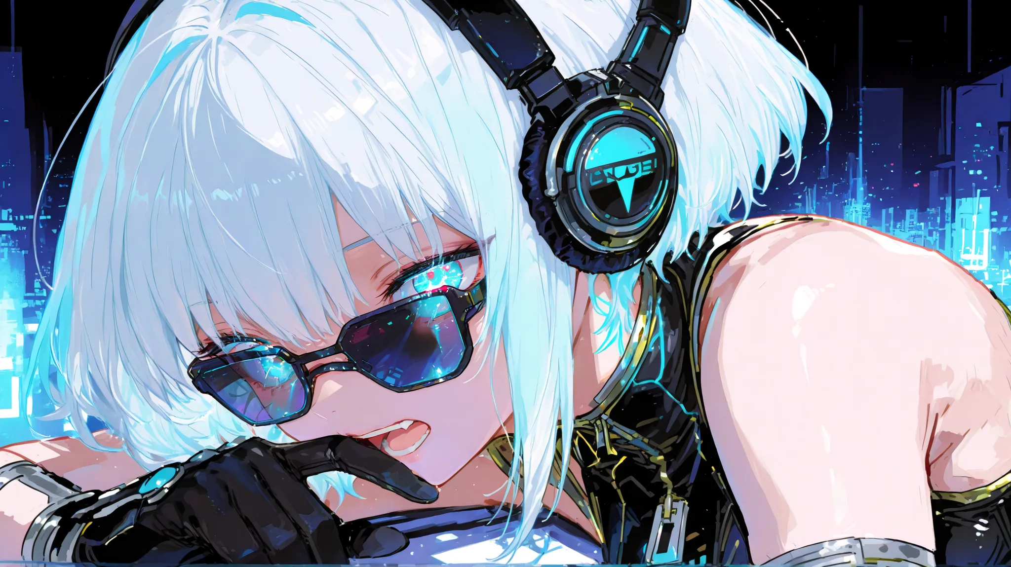 (Two Women :1.3)、two cool women、Dynamic、Cyber Fashion、headphones, Song、amazing、top quality,Cyber World Background,amazing、Moving Poses、fantastic、gloves、Glowing Sunglasses、light blue hair、white hair、open your mouth、MULTI-ANGLE