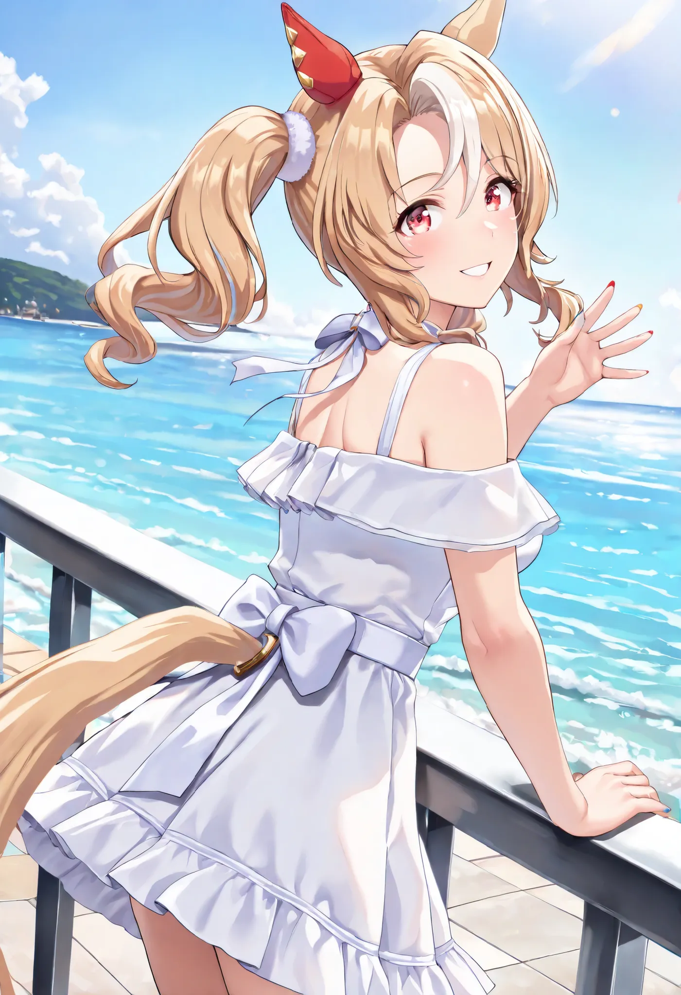(masterpiece, best quality, perfect face:1.4), wide angle, fusaichi_pandora\(umamusume\), 1girl, floating hair, twintails, white hair bobbles, horse ears, (((two-tone ear covers)), multicolored nails, horse tail, tail on the lower back, proportional body, ...