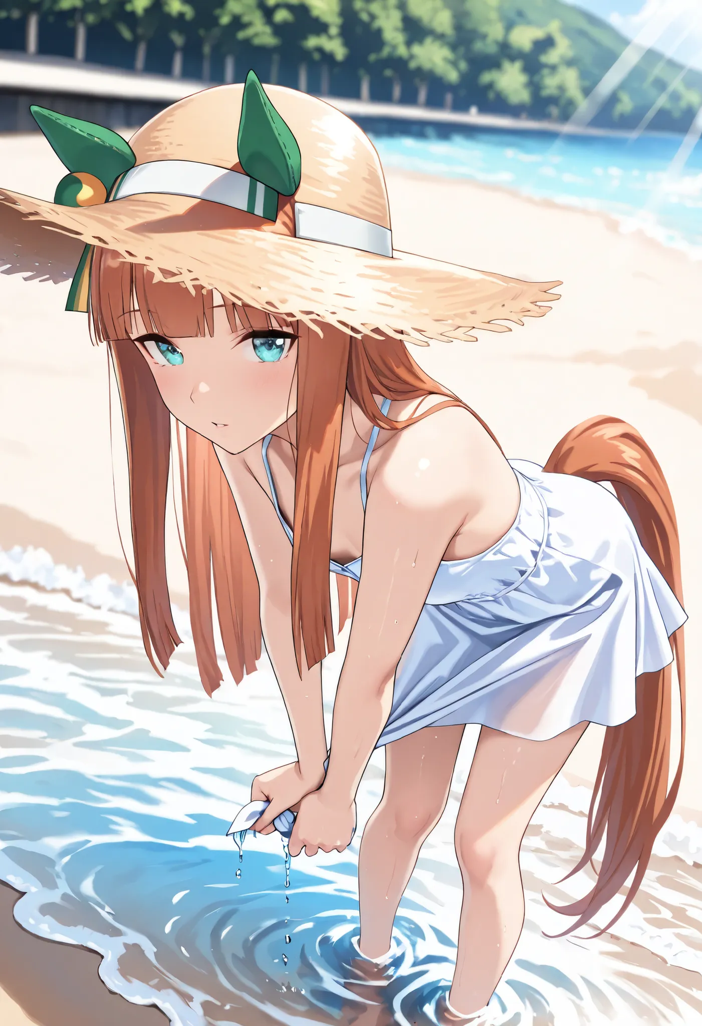(masterpiece, best quality, perfect face:1.4), wide angle, silence suzuka \(umamusume\), horse ears, ear cover, white headband, small breasts, horse tail, tail on the lower back, proportional body, proportional,1 girl, beautiful hair, beautiful face, beaut...