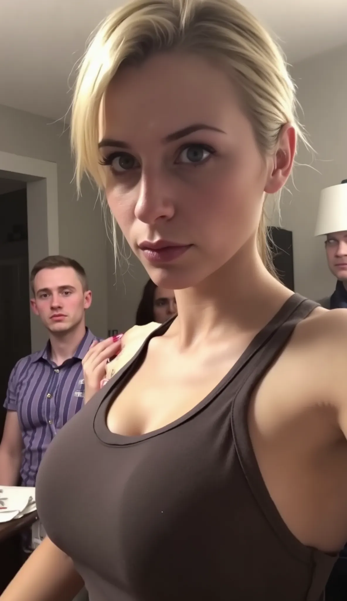 Candid photo of a young woman with a big bust at home. wearing a tight tank top . viewers staring sharply.