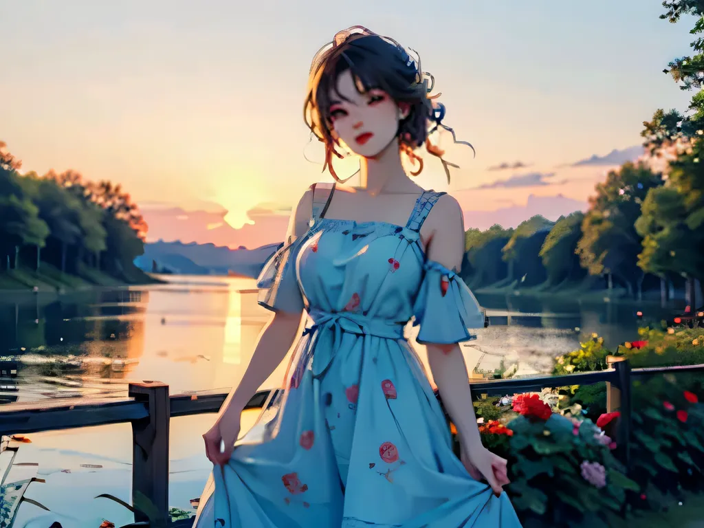 (full color,Fine,details),((beautiful woman,cute)),((summer dress)),Outdoors,terrace,evening,summer,fresh