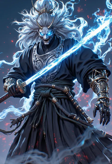 (A white Oni with blue smoke, holding up his sword in the air, wearing silver armor and kimono. Detailed illustration with a dynamic background in the style of fantasy art. A digital painting concept design showing a close up shot with ultra high resolutio...