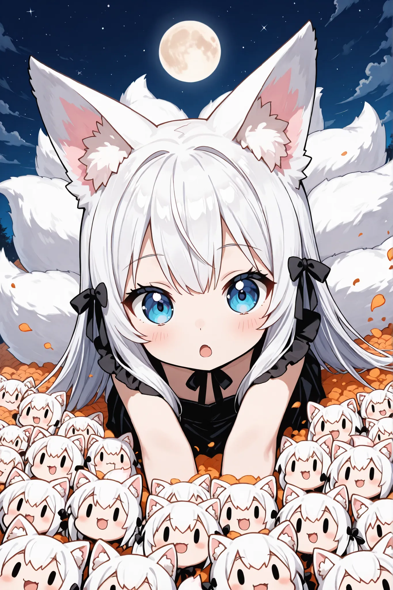 ((Masterpiece)),((best quality)),((incredibly absurdres)),((8K)),(anime style), 
 1 (chibi girl),(anime chibi),solo,white hair,long hair,straight hair,blue eyes, face,cute,kawaii,(white fox tail),(white fox ears),white ear hair,pink inner ear,
open mouth,
...