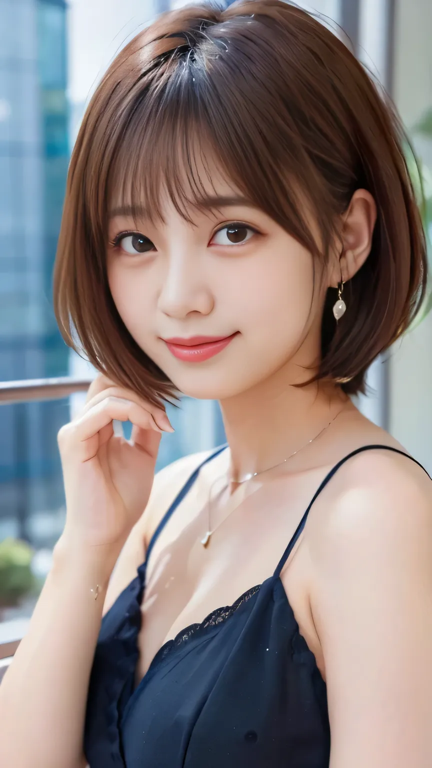 waist up、front shot、1 Japanese woman、Cute Japanese Woman、adult woman、Japanese Idol、カメラ目線、with bangs、oval face、double eyelids、droopy eyes、((Tear Mole:1.5))、 big black eyes、 charming、cute smile、natural smile、realistic skin、ideal proportions、 shaped breasts、f...