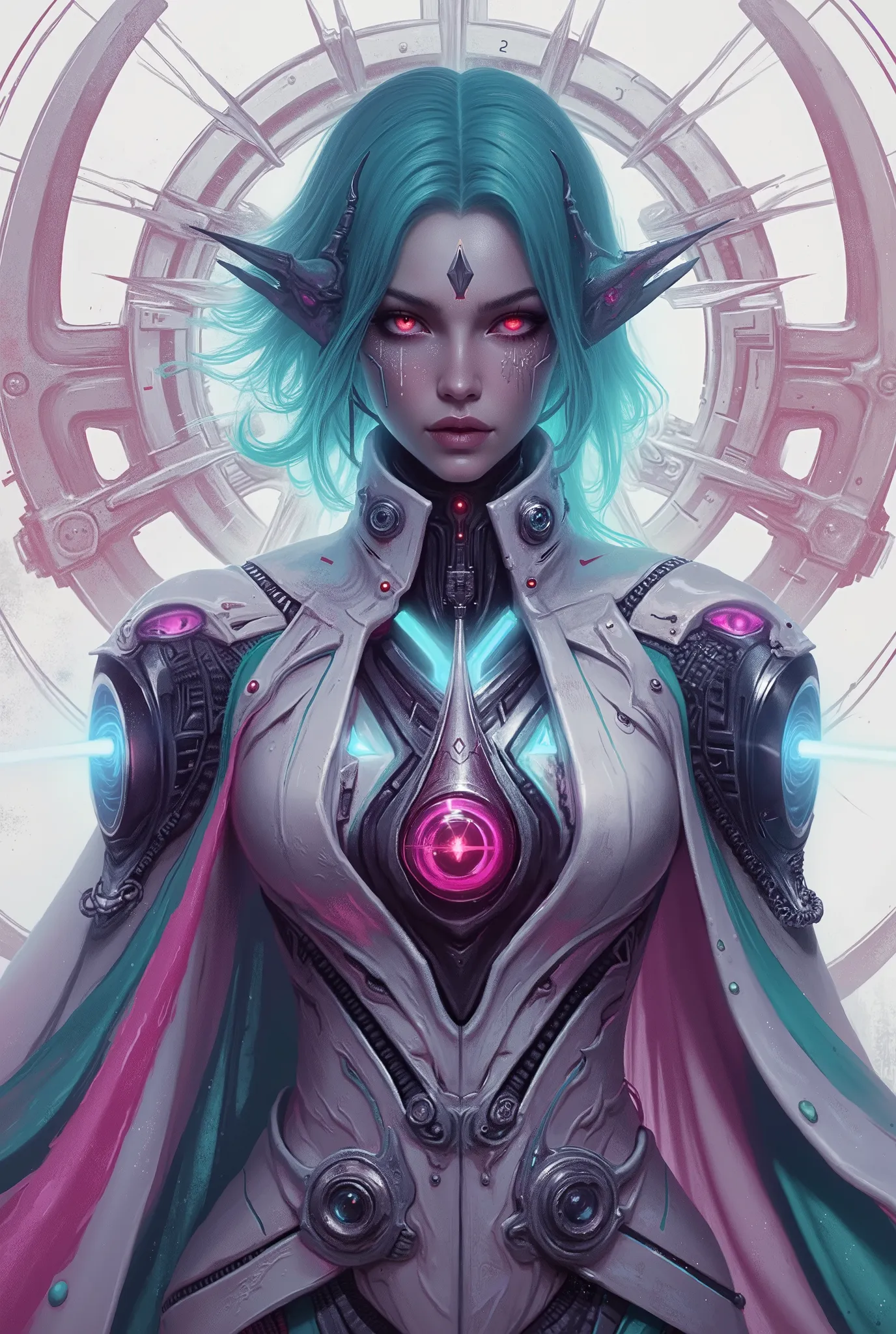She's striking a bold attacking pose, neon colored, (Best Quality , 4K , 8K , High Resolution , Masterpiece: 1 . 2) , (Super Detailed , Realistic , Photorealistic:1 . 37), A mystical female figure with cian hair and glowing red eyes, wearing an elegant fut...