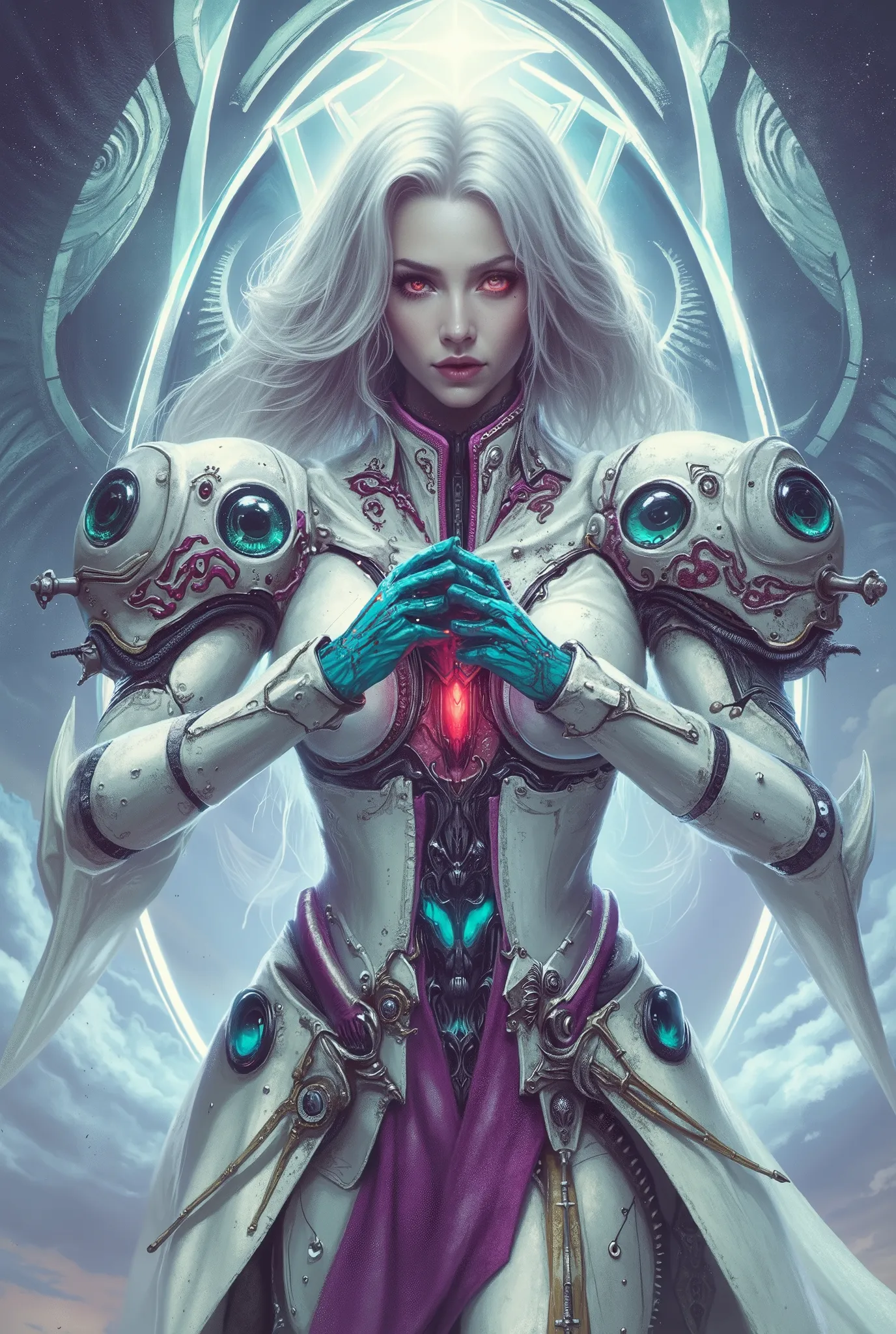She's striking a bold attacking pose, neon colored, (Best Quality , 4K , 8K , High Resolution , Masterpiece: 1 . 2) , (Super Detailed , Realistic , Photorealistic:1 . 37), A mystical female figure with platinum hair and glowing red eyes, wearing an elegant...