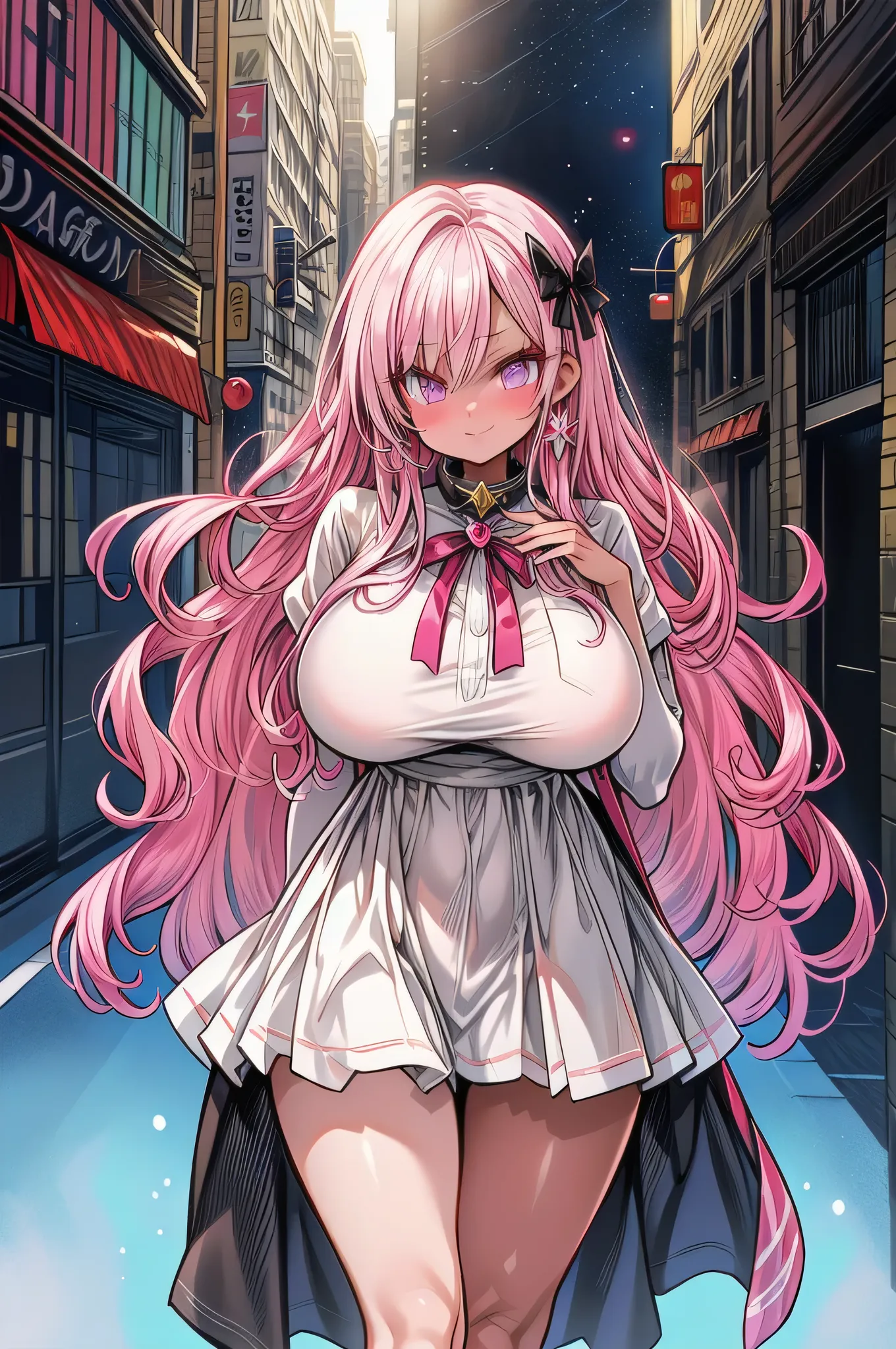 ((top quality)), ((masterpiece)),  (huge sagging breasts:1.38),thick legs,Patterned clothing.Magical Girl,pink hair.(dark skin:1.25). magic wand. cowboy shot. in the city,