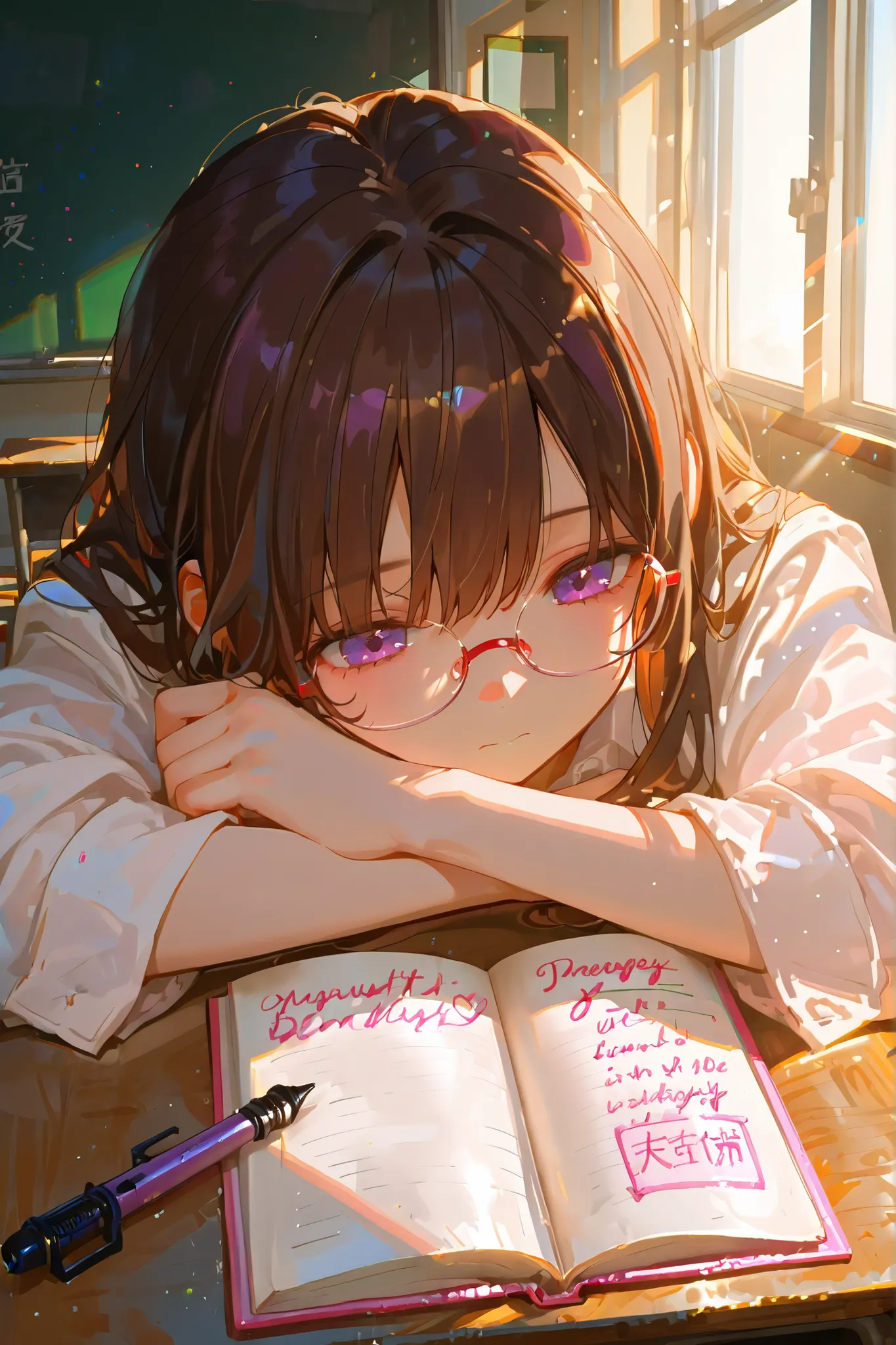 embedding:IllusP0s, 1girl, brunette, purple eyes, (writing in diary with a pen: 1.0), empty classroom background, (soft aesthetic lighting: 1.2, soft sunlight), (masterpiece, beautiful), glasses