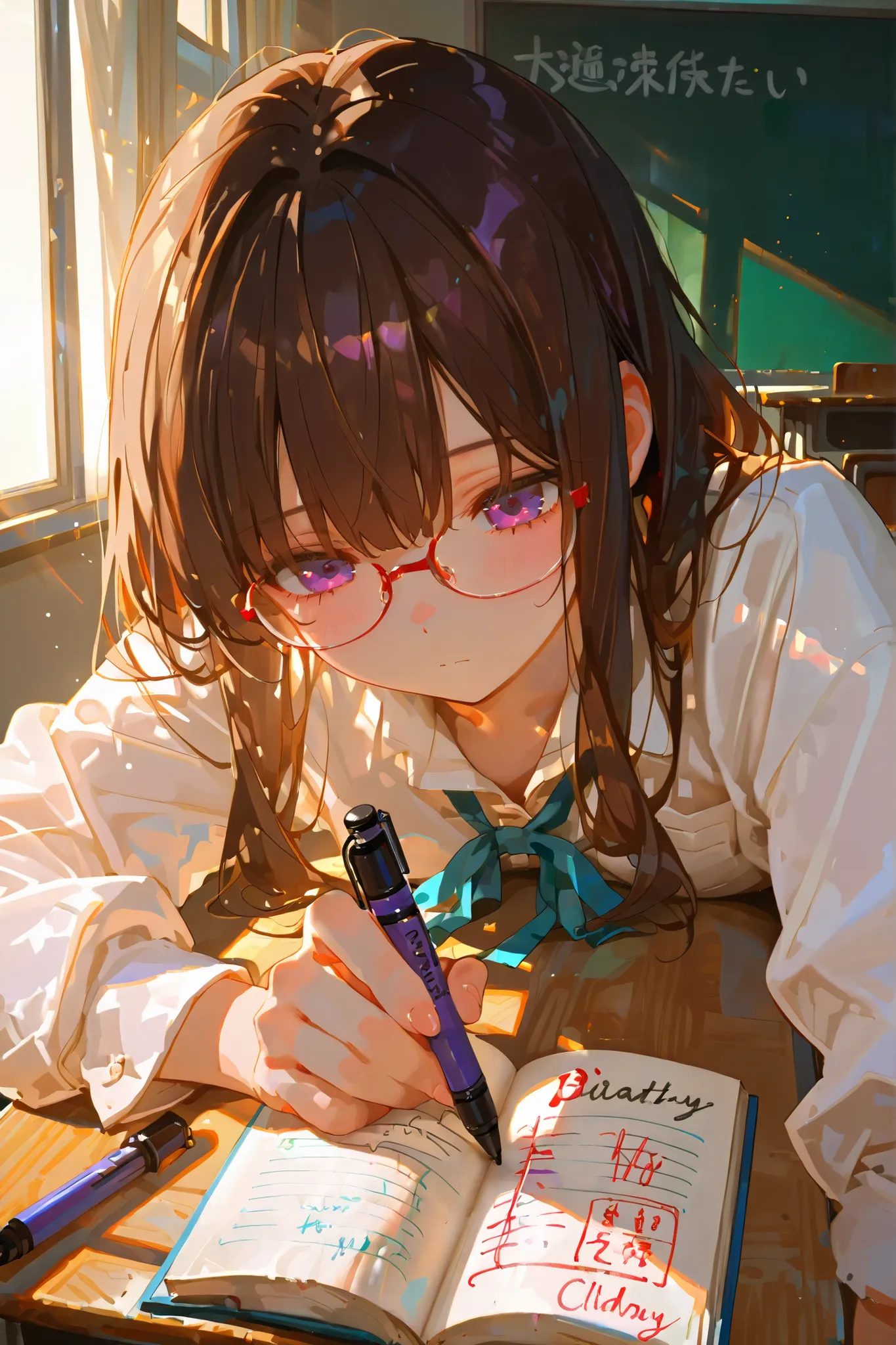embedding:IllusP0s, 1girl, brunette, purple eyes, (writing in diary with a pen: 1.0), empty classroom background, (soft aesthetic lighting: 1.2, soft sunlight), (masterpiece, beautiful), glasses