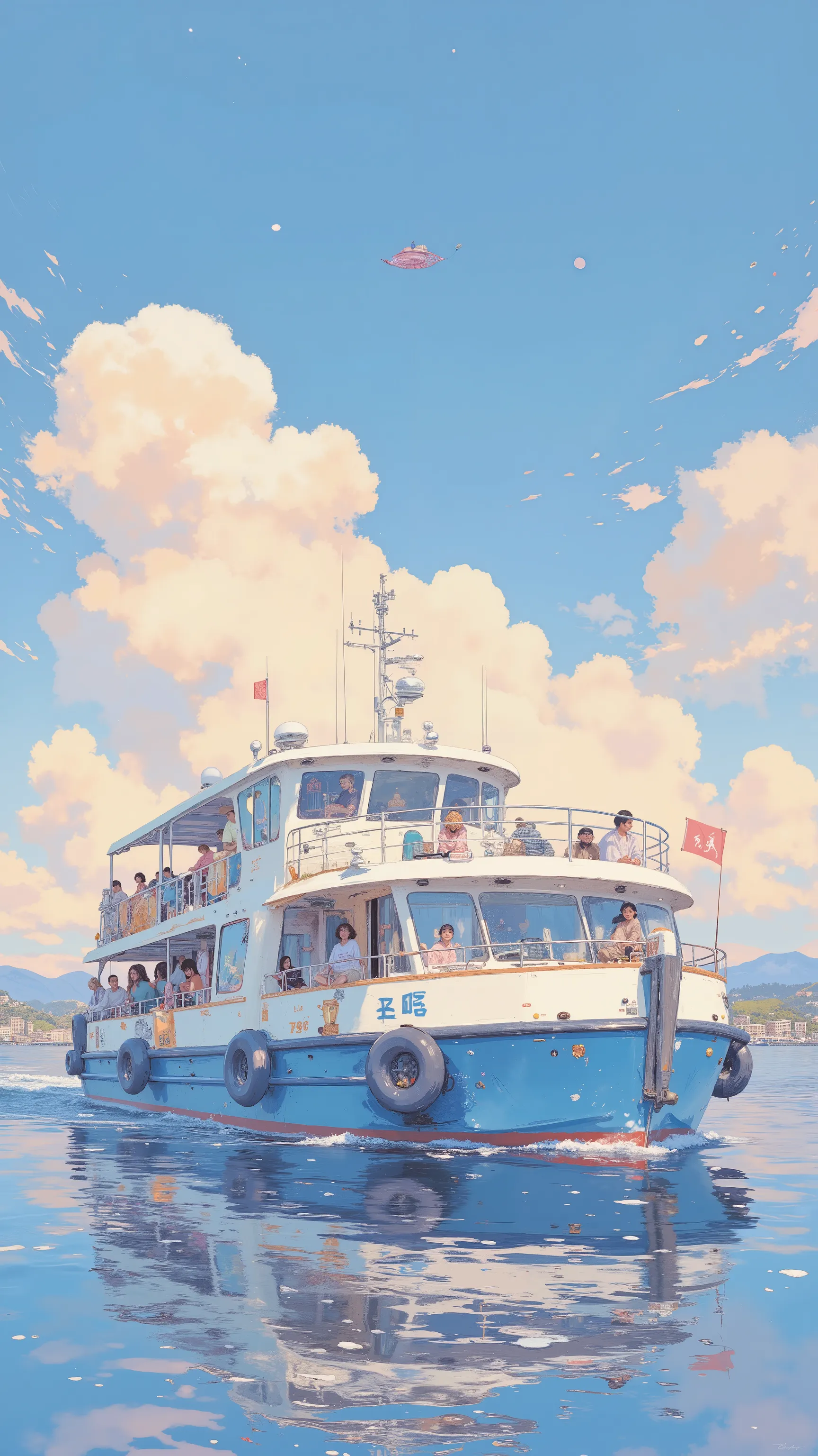 砂浜に座るanimeキャラクタ、In the background is a medium-sized sightseeing boat, ❤🔥🍄🌪, 🪔 🎨;🌞🌄, , by Kentaro Miura, big!!!!!!!!!!!!, slice of life anime, happy!!!, anime style”, official art, an retro anime image, by Hiroshi Arakawa, anime!!!!, FLCL