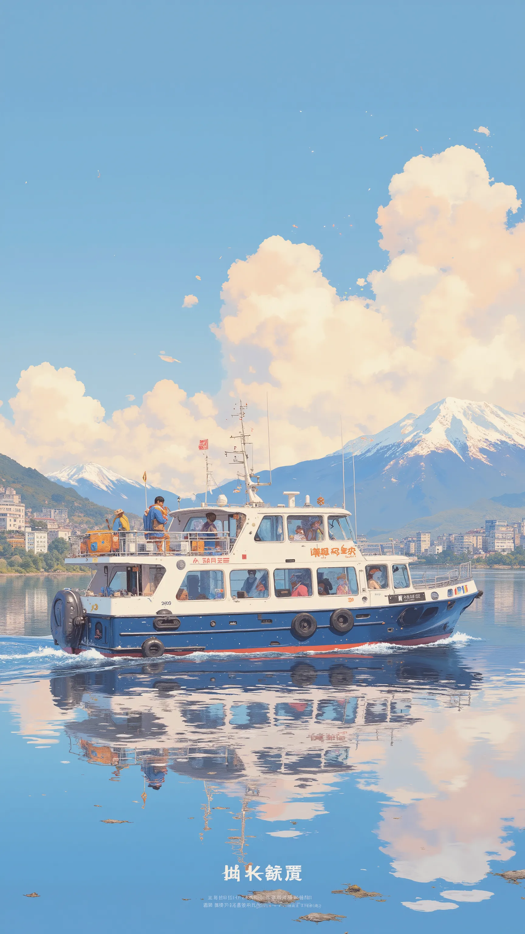 砂浜に座るanimeキャラクタ、In the background is a medium-sized sightseeing boat, ❤🔥🍄🌪, 🪔 🎨;🌞🌄, , by Kentaro Miura, big!!!!!!!!!!!!, slice of life anime, happy!!!, anime style”, official art, an retro anime image, by Hiroshi Arakawa, anime!!!!, FLCL