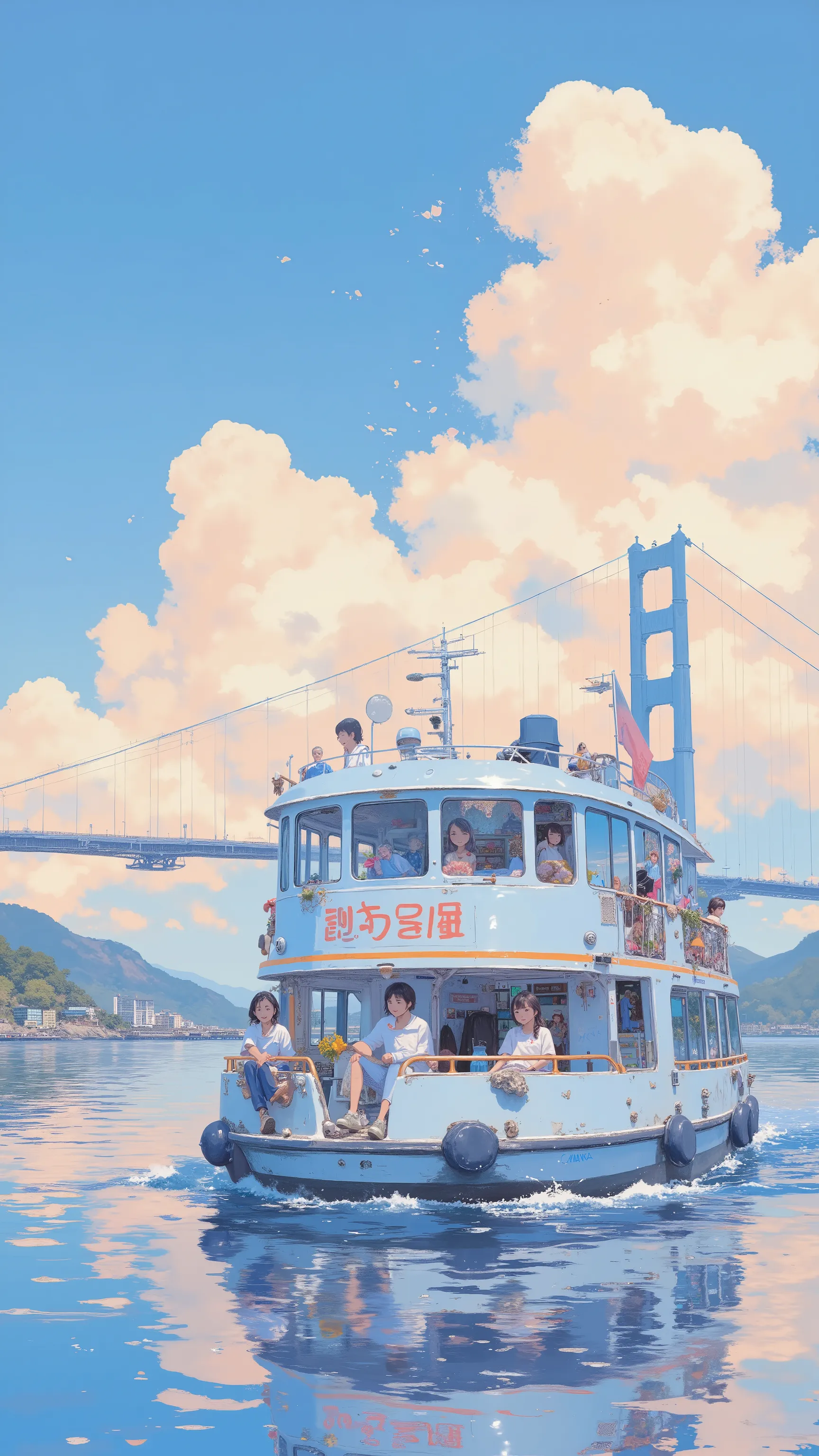砂浜に座るanimeキャラクタ、In the background is a medium-sized sightseeing boat, ❤🔥🍄🌪, 🪔 🎨;🌞🌄, , by Kentaro Miura, big!!!!!!!!!!!!, slice of life anime, happy!!!, anime style”, official art, an retro anime image, by Hiroshi Arakawa, anime!!!!, FLCL
