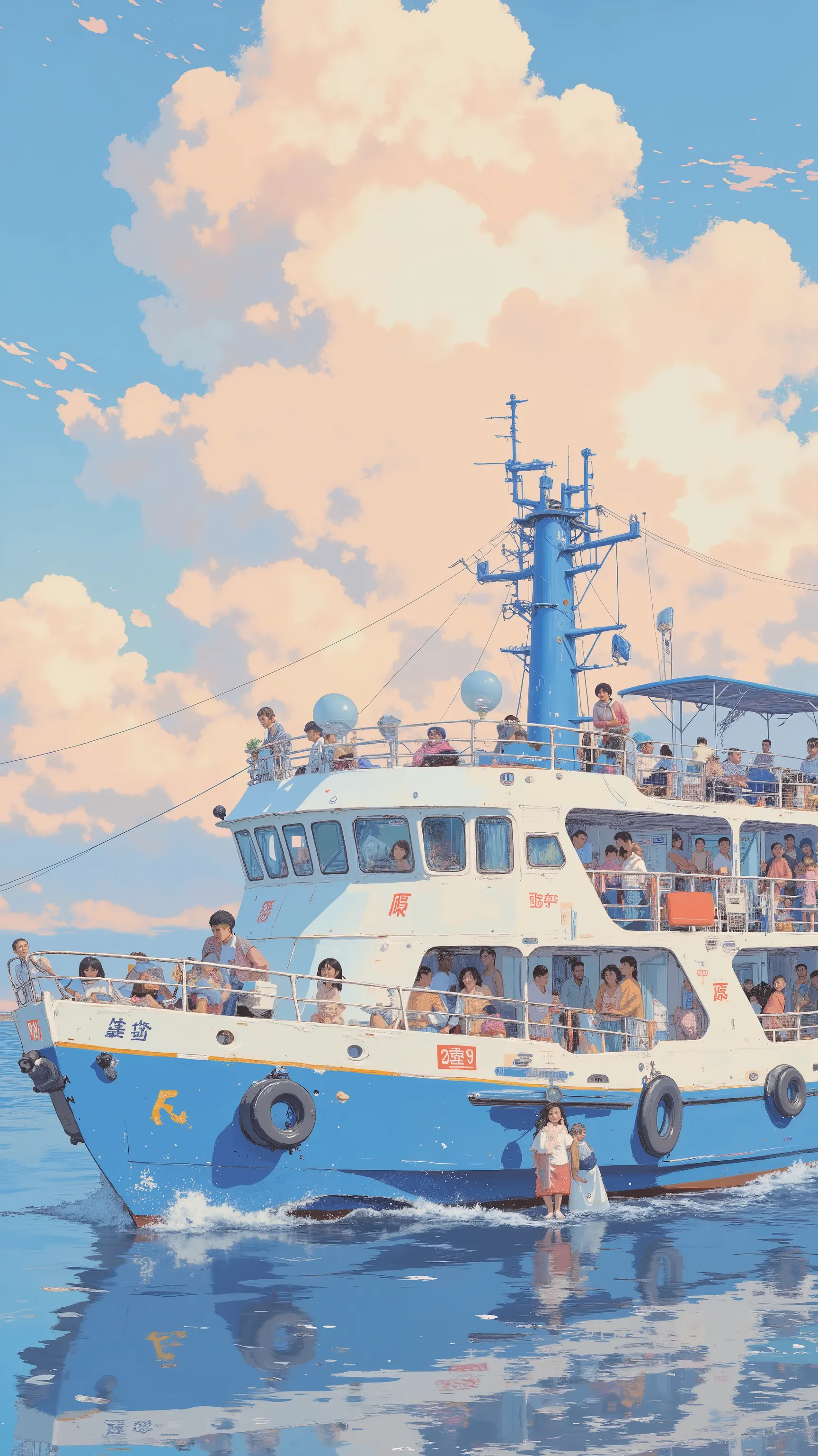 砂浜に座るanimeキャラクタ、In the background is a medium-sized sightseeing boat, ❤🔥🍄🌪, 🪔 🎨;🌞🌄, , by Kentaro Miura, big!!!!!!!!!!!!, slice of life anime, happy!!!, anime style”, official art, an retro anime image, by Hiroshi Arakawa, anime!!!!, FLCL