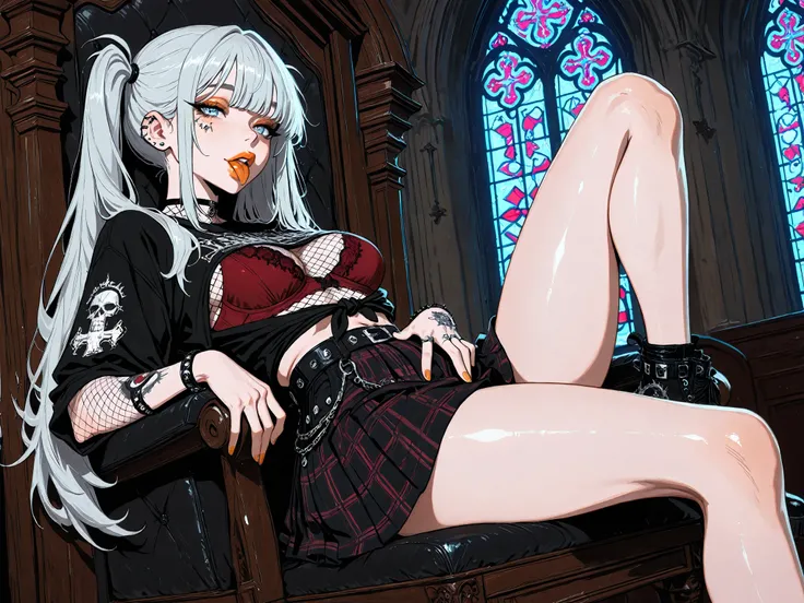 Official anime illustrations, (Best quality:1.2), (It's very beautiful:1.2), 8K, Score_9, solo, Niji goth style, Sister, Church, Punk clothing, silver hair, law twintail, long hair, all-out bangs, lightblue eyes, Orange lips, Clear skin, A face with tattoo...