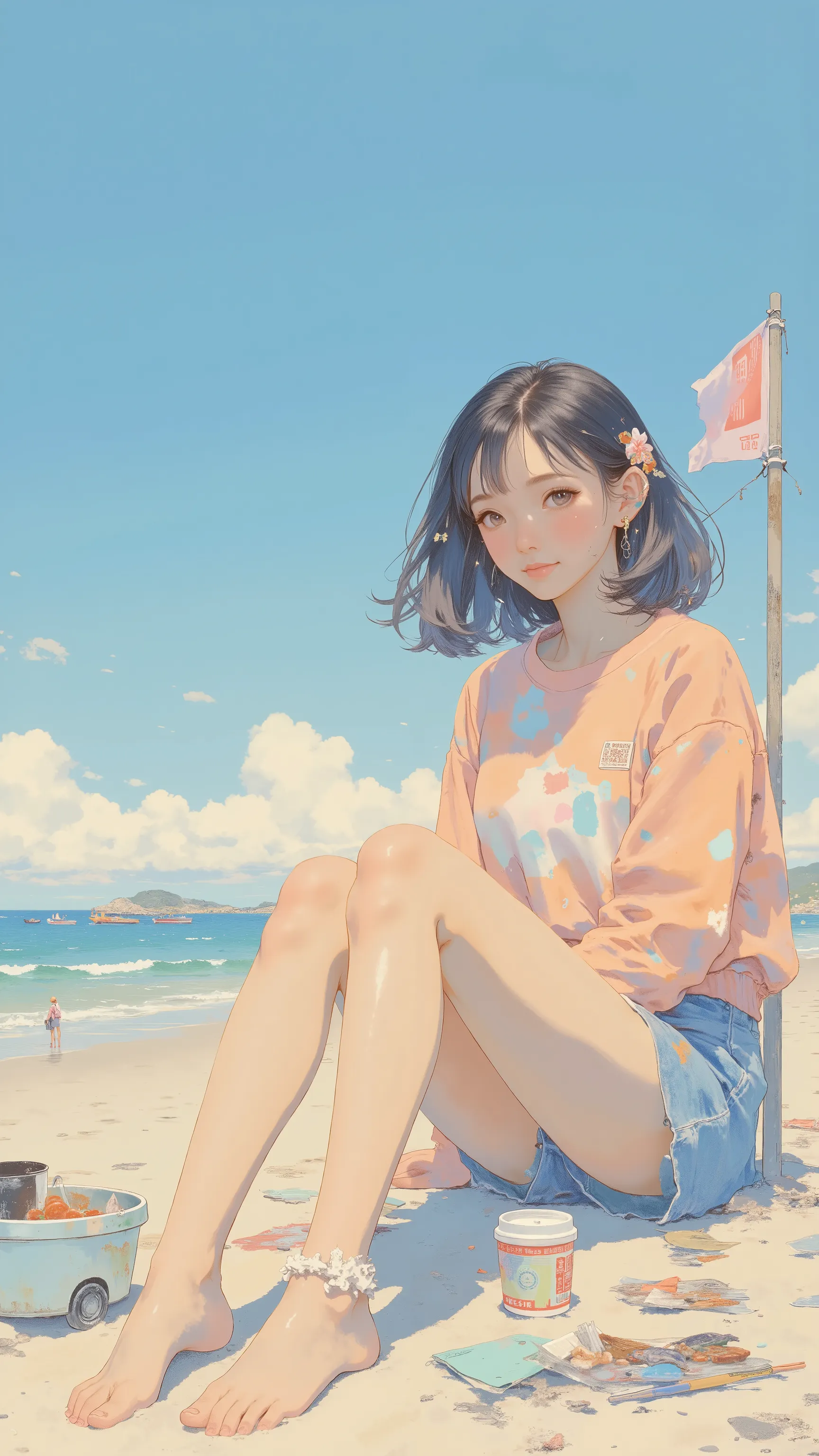 砂浜に座るanimeキャラクタ、The background is an anime character sitting on a sandy beach with lots of fishing boats, ❤🔥🍄🌪, 🪔 🎨;🌞🌄, , by Kentaro Miura, big!!!!!!!!!!!!, slice of life anime, happy!!!, anime style”, official art, an retro anime image, by Hiroshi Arakawa...