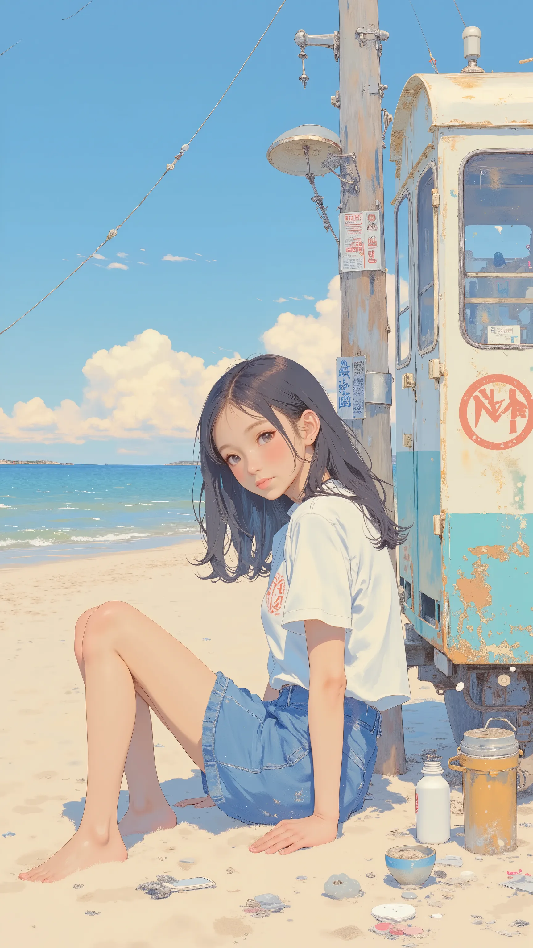 砂浜に座るanimeキャラクタ、The background is an anime character sitting on a sandy beach with lots of fishing boats, ❤🔥🍄🌪, 🪔 🎨;🌞🌄, , by Kentaro Miura, big!!!!!!!!!!!!, slice of life anime, happy!!!, anime style”, official art, an retro anime image, by Hiroshi Arakawa...