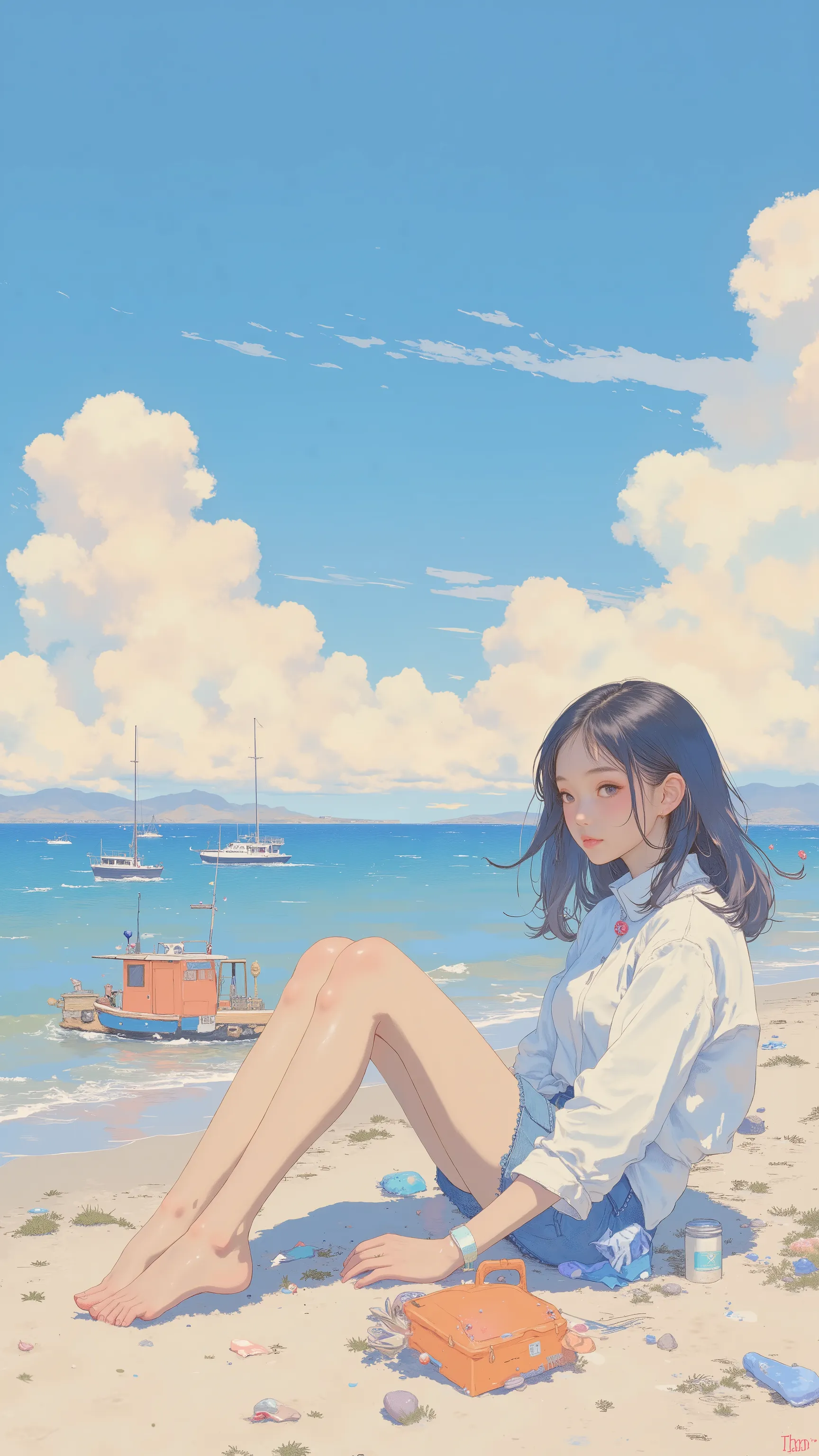 砂浜に座るanimeキャラクタ、The background is an anime character sitting on a sandy beach with lots of fishing boats, ❤🔥🍄🌪, 🪔 🎨;🌞🌄, , by Kentaro Miura, big!!!!!!!!!!!!, slice of life anime, happy!!!, anime style”, official art, an retro anime image, by Hiroshi Arakawa...
