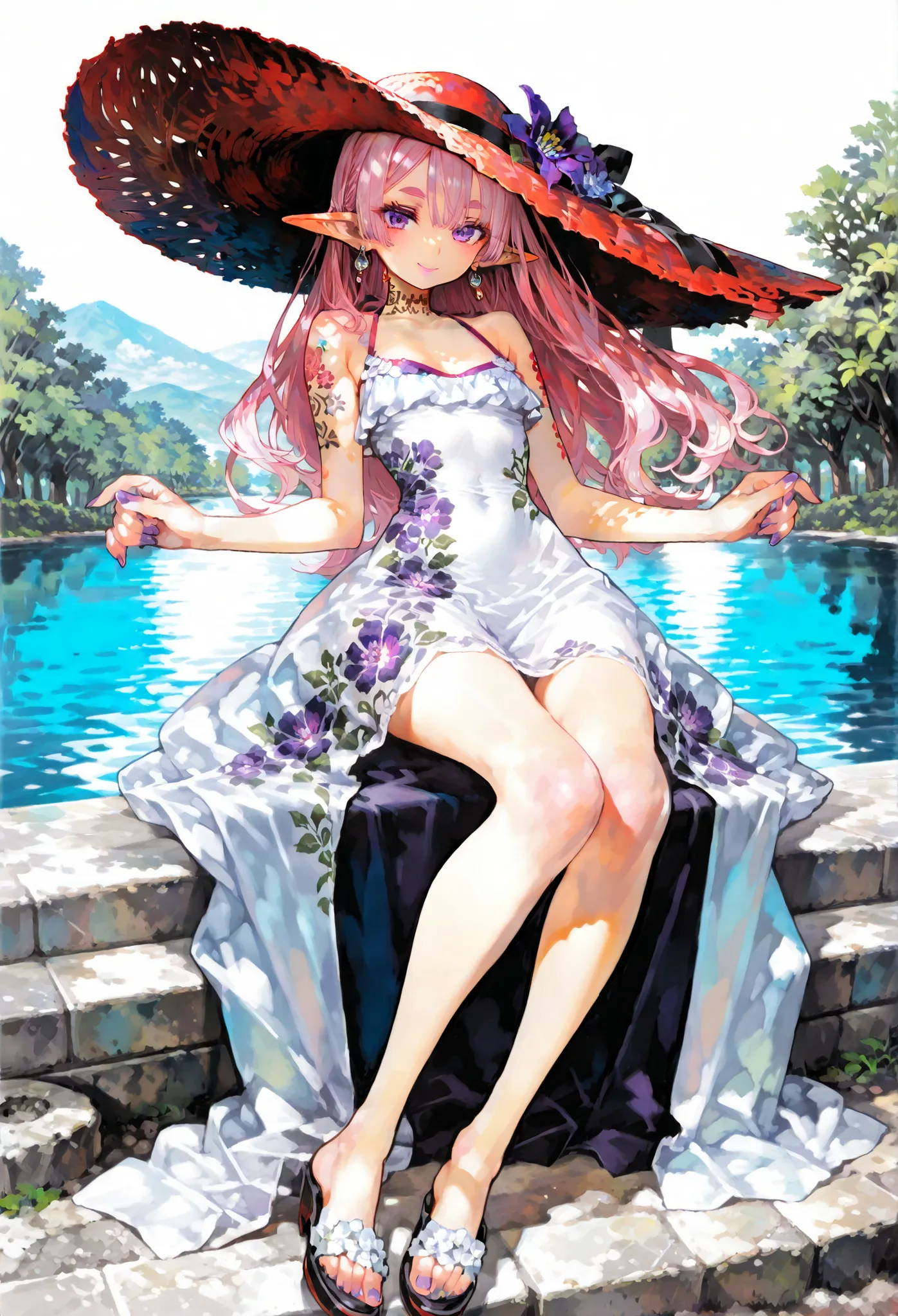 7-JapaneseArchitecture,masterpiece.( top quality), ( Ultra High Resolution), Full Body.  (solo.petite girl getting her knees.stares at the audience.pink hair.long hair.ponytail.Hair between eyebrows、elf ears.PURPLE EYES.pink lips.jewelry.earrings.neck tatt...