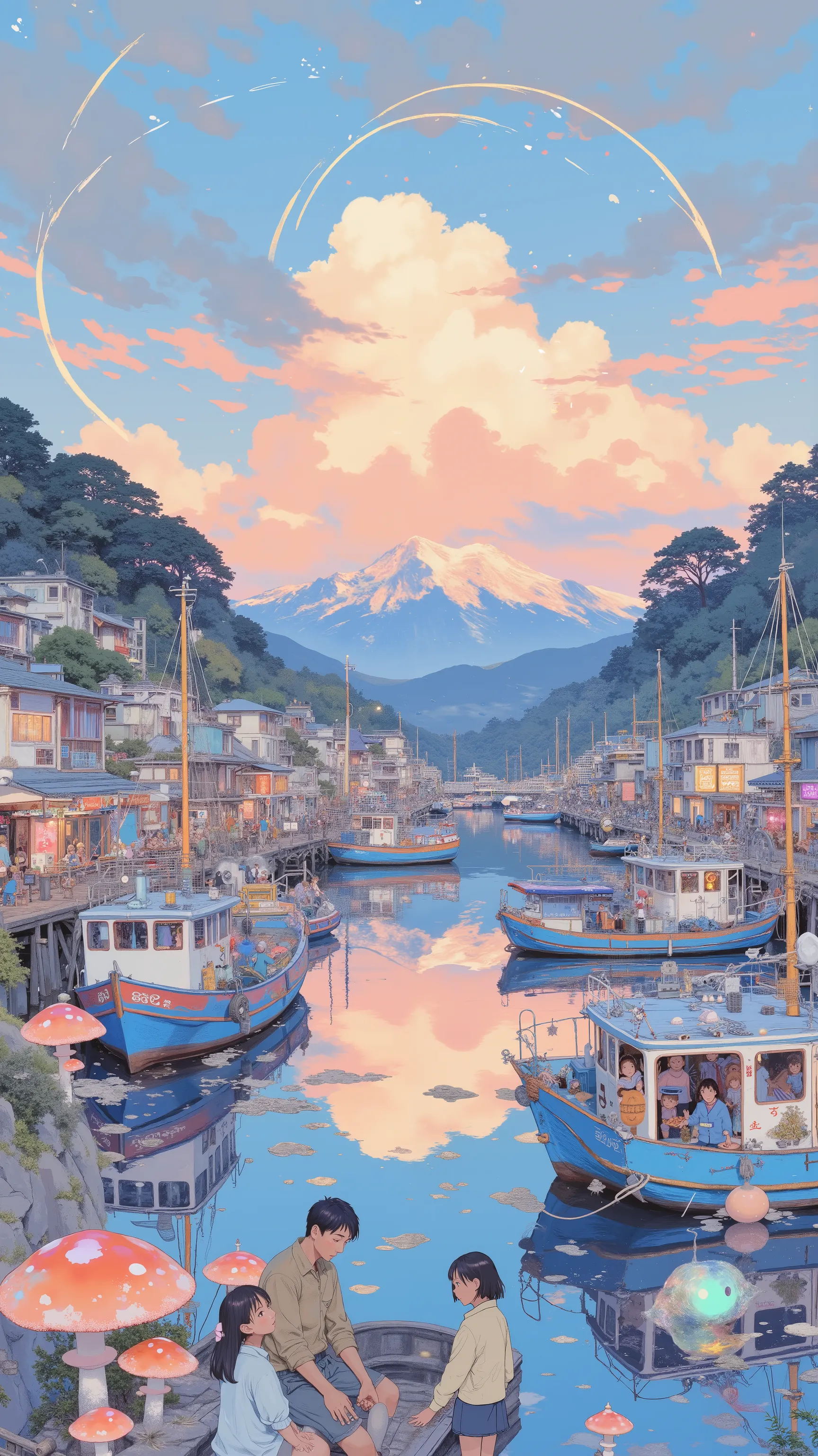 Lots of fishing boats, ❤🔥🍄🌪, 🪔 🎨;🌞🌄, , by Kentaro Miura, big!!!!!!!!!!!!, slice of life anime, happy!!!, anime style”, official art, an retro anime image, by Hiroshi Arakawa, anime!!!!, FLCL