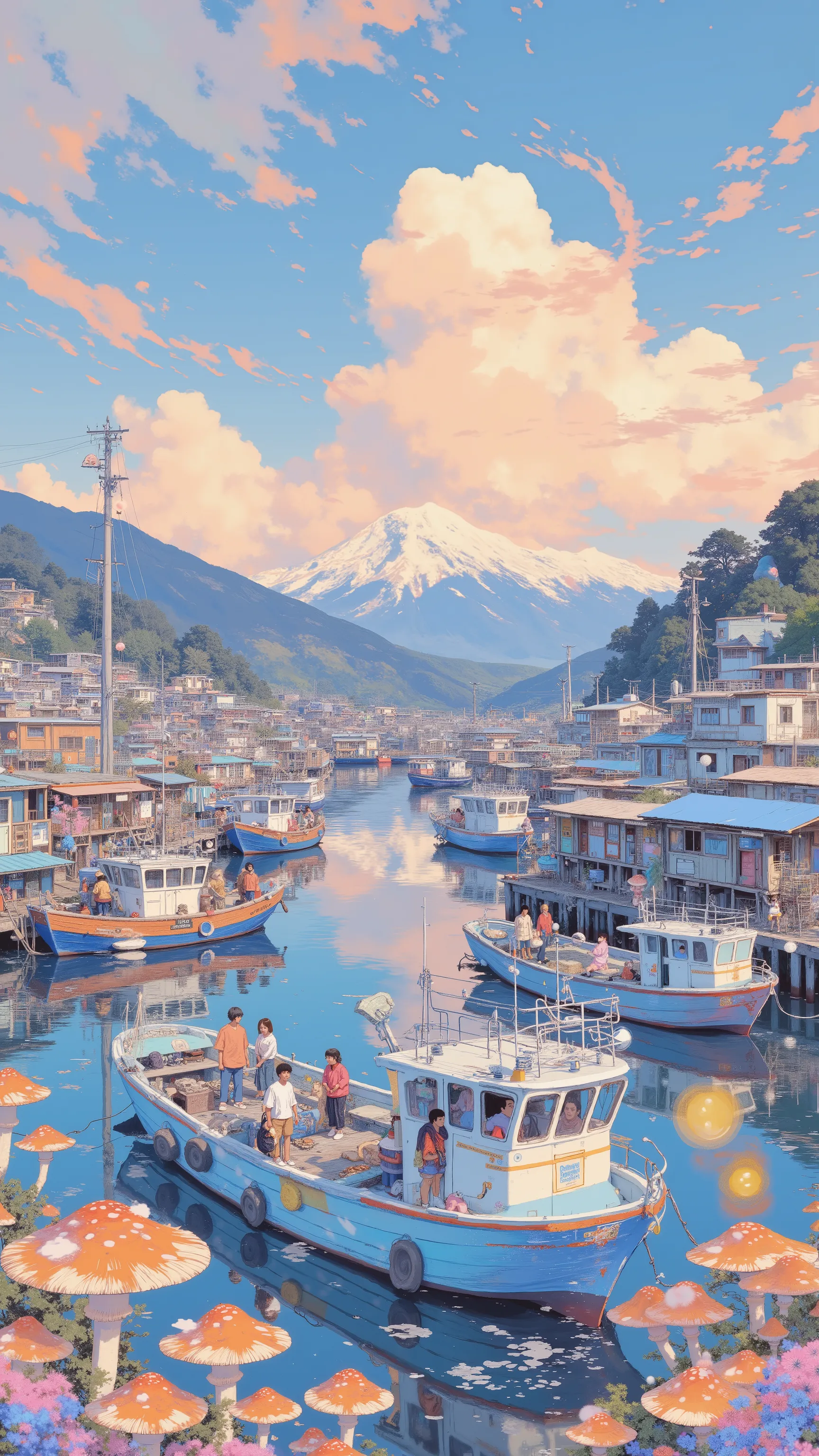 Lots of fishing boats, ❤🔥🍄🌪, 🪔 🎨;🌞🌄, , by Kentaro Miura, big!!!!!!!!!!!!, slice of life anime, happy!!!, anime style”, official art, an retro anime image, by Hiroshi Arakawa, anime!!!!, FLCL