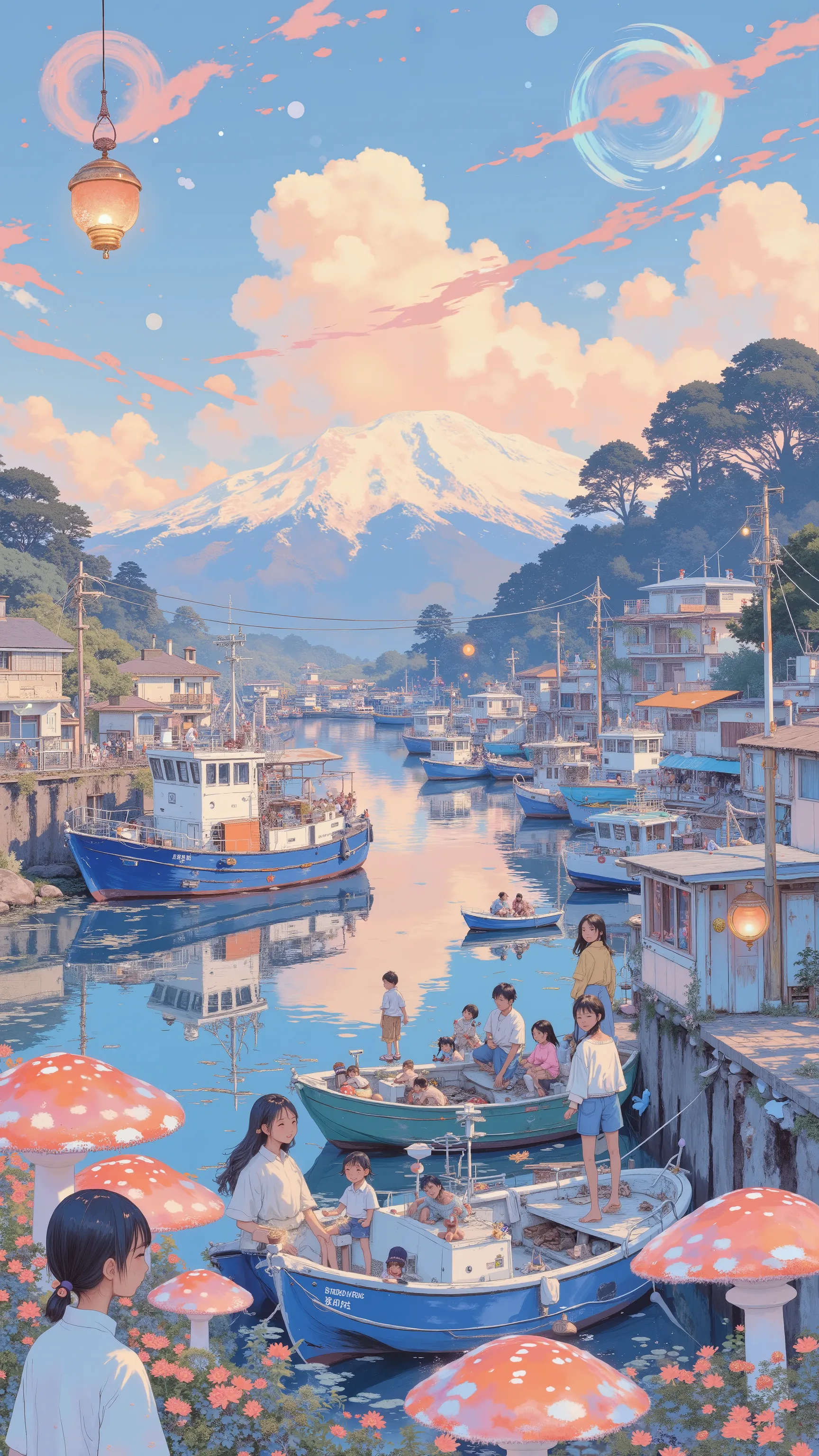 Lots of fishing boats, ❤🔥🍄🌪, 🪔 🎨;🌞🌄, , by Kentaro Miura, big!!!!!!!!!!!!, slice of life anime, happy!!!, anime style”, official art, an retro anime image, by Hiroshi Arakawa, anime!!!!, FLCL