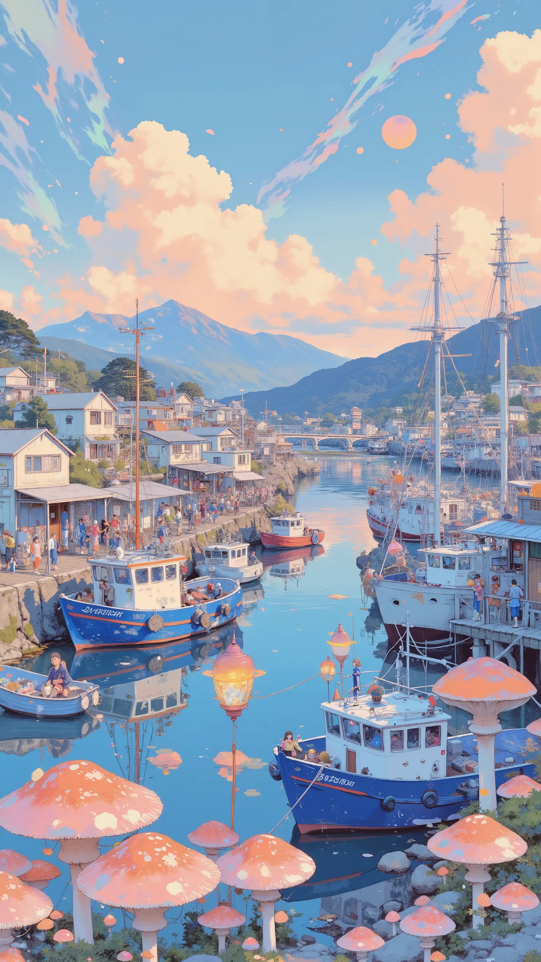 Lots of fishing boats, ❤🔥🍄🌪, 🪔 🎨;🌞🌄, , by Kentaro Miura, big!!!!!!!!!!!!, slice of life anime, happy!!!, anime style”, official art, an retro anime image, by Hiroshi Arakawa, anime!!!!, FLCL