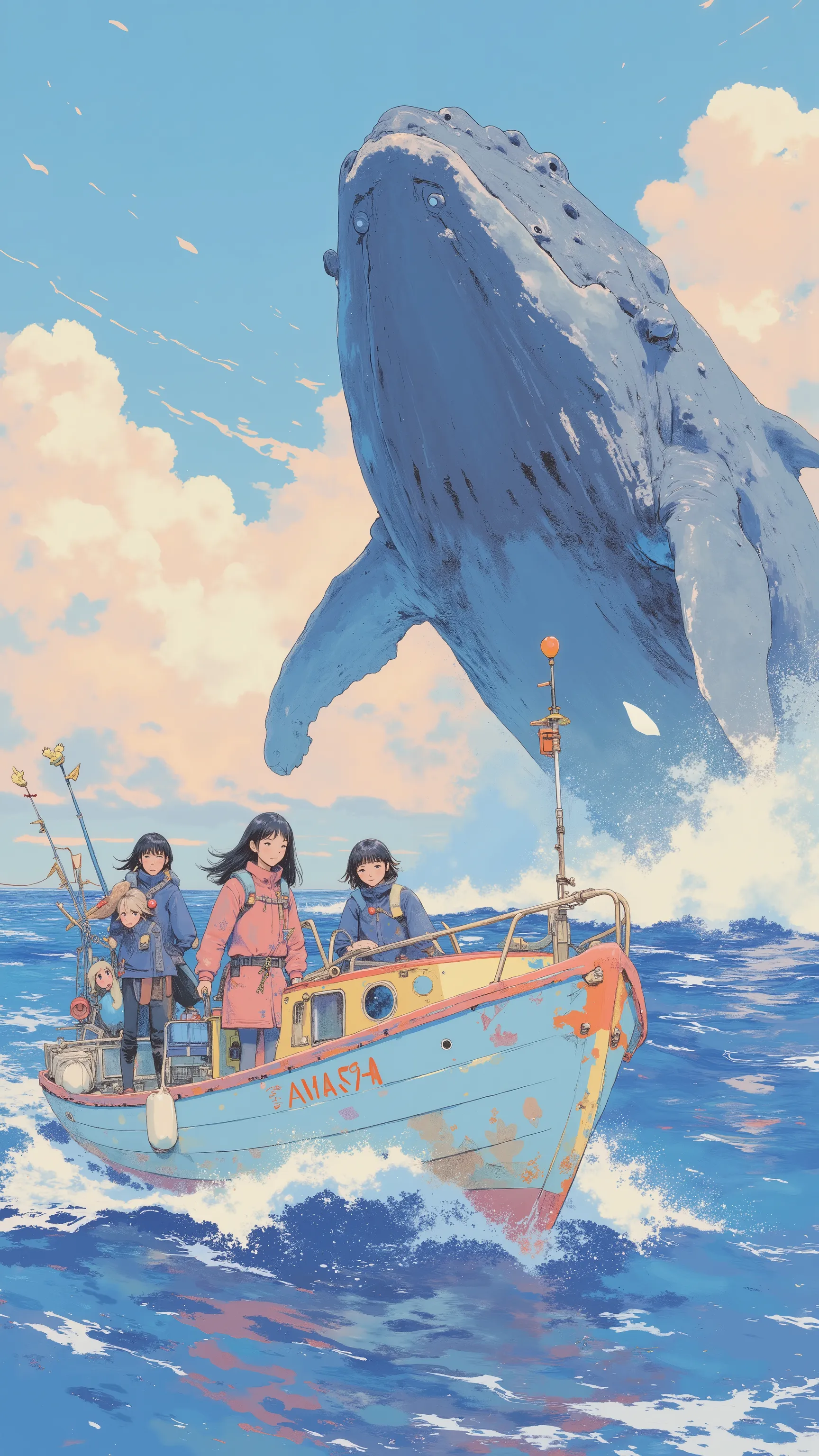 Lots of fishing boats chasing whales, by Kentaro Miura, big!!!!!!!!!!!!, slice of life anime, happy!!!, anime style”, official art, an retro anime image, by Hiroshi Arakawa, anime!!!!, FLCL