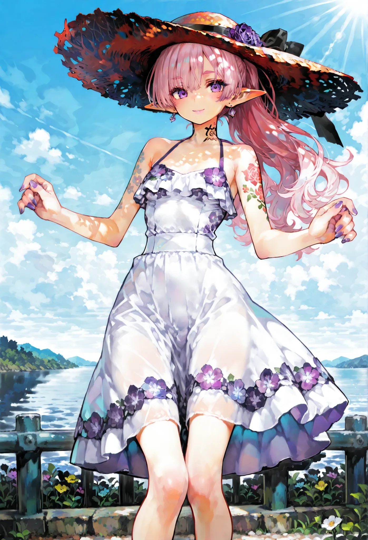 7-JapaneseArchitecture,masterpiece.( top quality), ( Ultra High Resolution).  (solo.petite girl getting her knees.stares at the audience.pink hair.long hair.ponytail.Hair between eyebrows、elf ears.PURPLE EYES.pink lips.jewelry.earrings.neck tattoo.flower t...