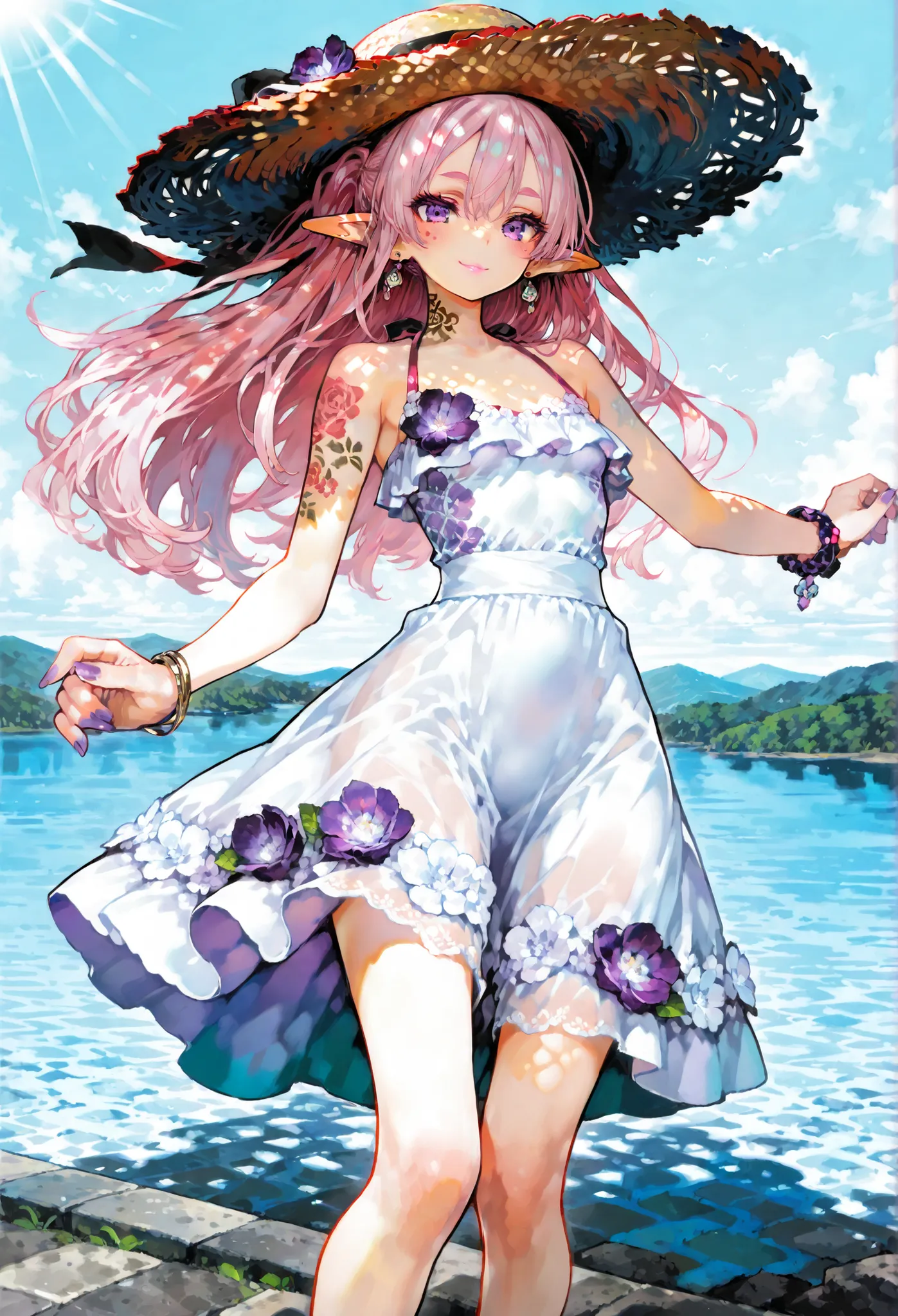 7-JapaneseArchitecture,masterpiece.( top quality), ( Ultra High Resolution).  (solo.petite girl getting her knees.stares at the audience.pink hair.long hair.ponytail.Hair between eyebrows、elf ears.PURPLE EYES.pink lips.jewelry.earrings.neck tattoo.flower t...