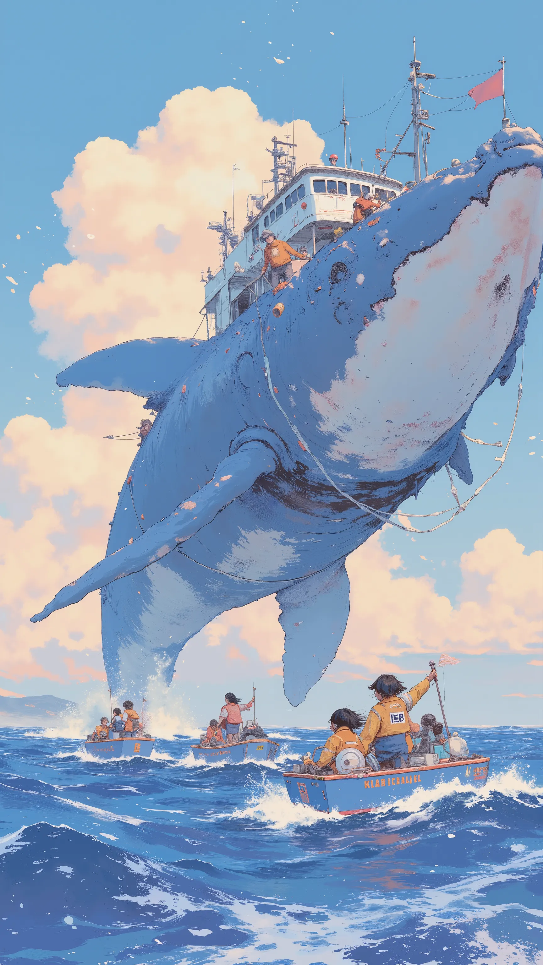 Lots of fishing boats chasing whales, by Kentaro Miura, big!!!!!!!!!!!!, slice of life anime, happy!!!, anime style”, official art, an retro anime image, by Hiroshi Arakawa, anime!!!!, FLCL