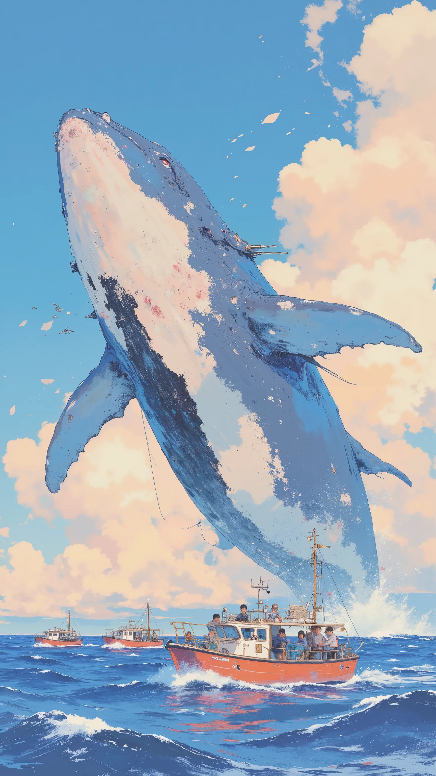 Lots of fishing boats chasing whales, by Kentaro Miura, big!!!!!!!!!!!!, slice of life anime, happy!!!, anime style”, official art, an retro anime image, by Hiroshi Arakawa, anime!!!!, FLCL