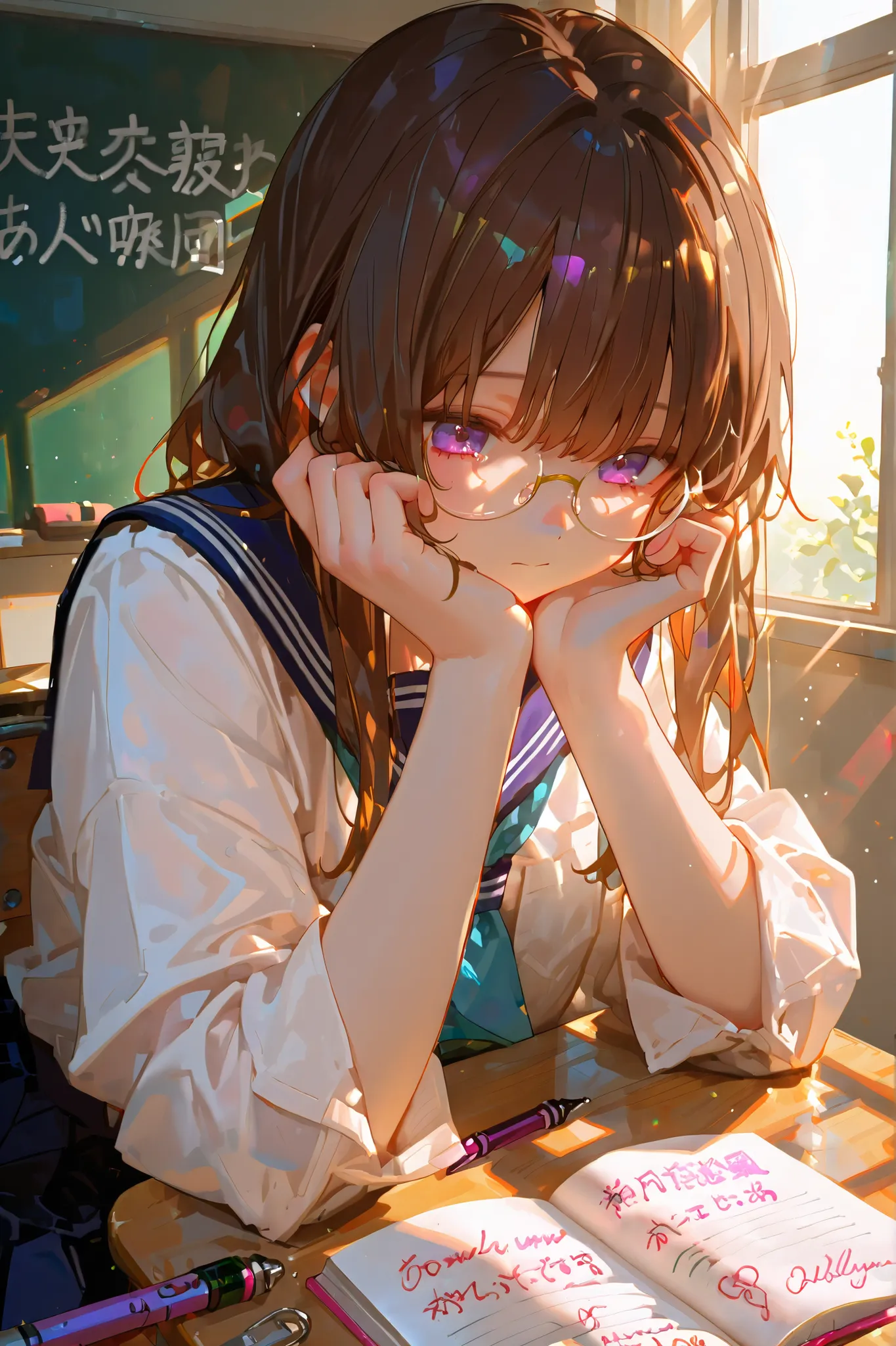embedding:IllusP0s, 1girl, brunette, purple eyes, (writing in diary with a pen: 1.0), empty classroom background, (soft aesthetic lighting: 1.2, soft sunlight), (masterpiece, beautiful), glasses