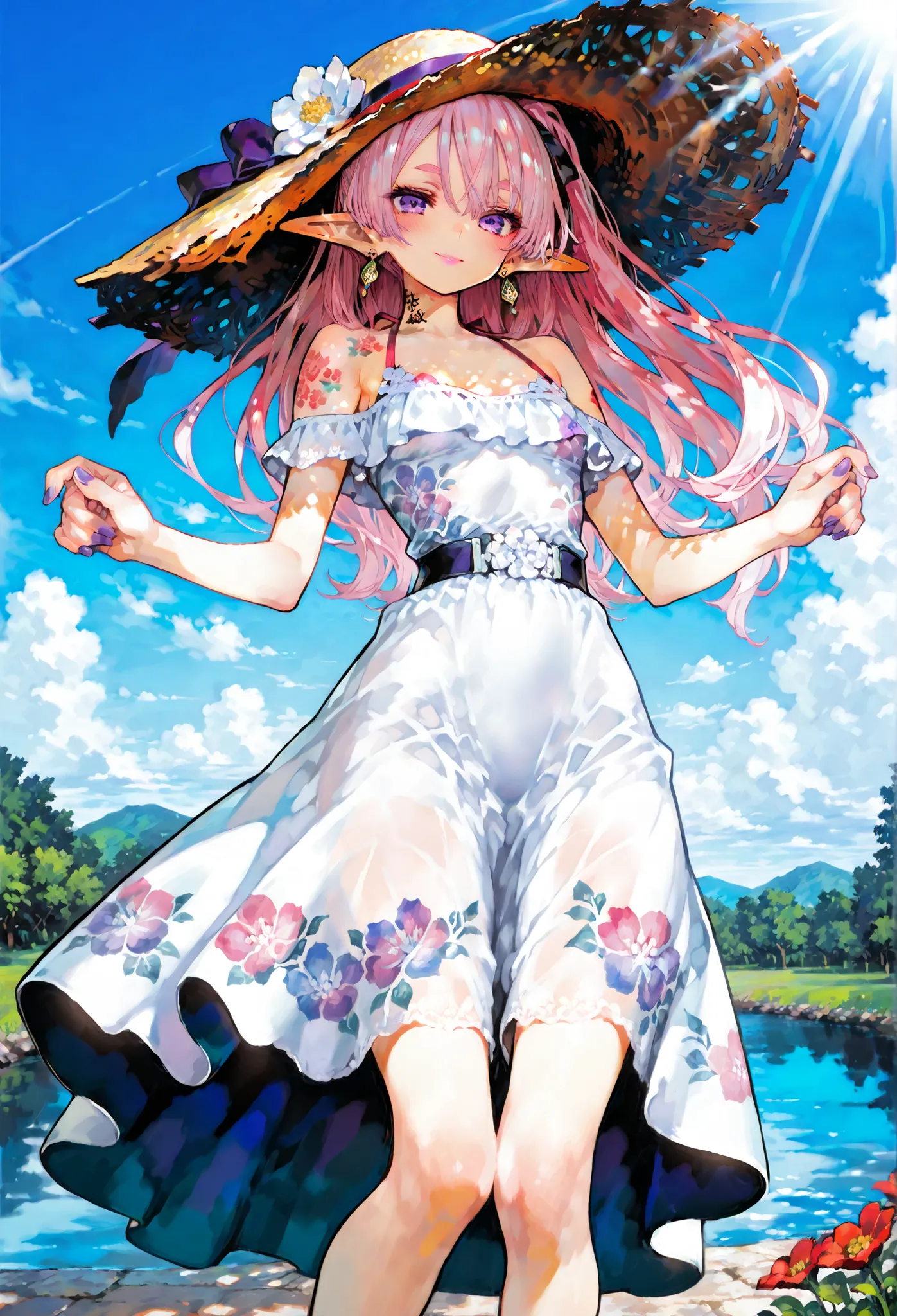 7-JapaneseArchitecture,masterpiece.( top quality), ( Ultra High Resolution).  (solo.petite girl getting her knees.stares at the audience.pink hair.long hair.ponytail.Hair between eyebrows、elf ears.PURPLE EYES.pink lips.jewelry.earrings.neck tattoo.flower t...