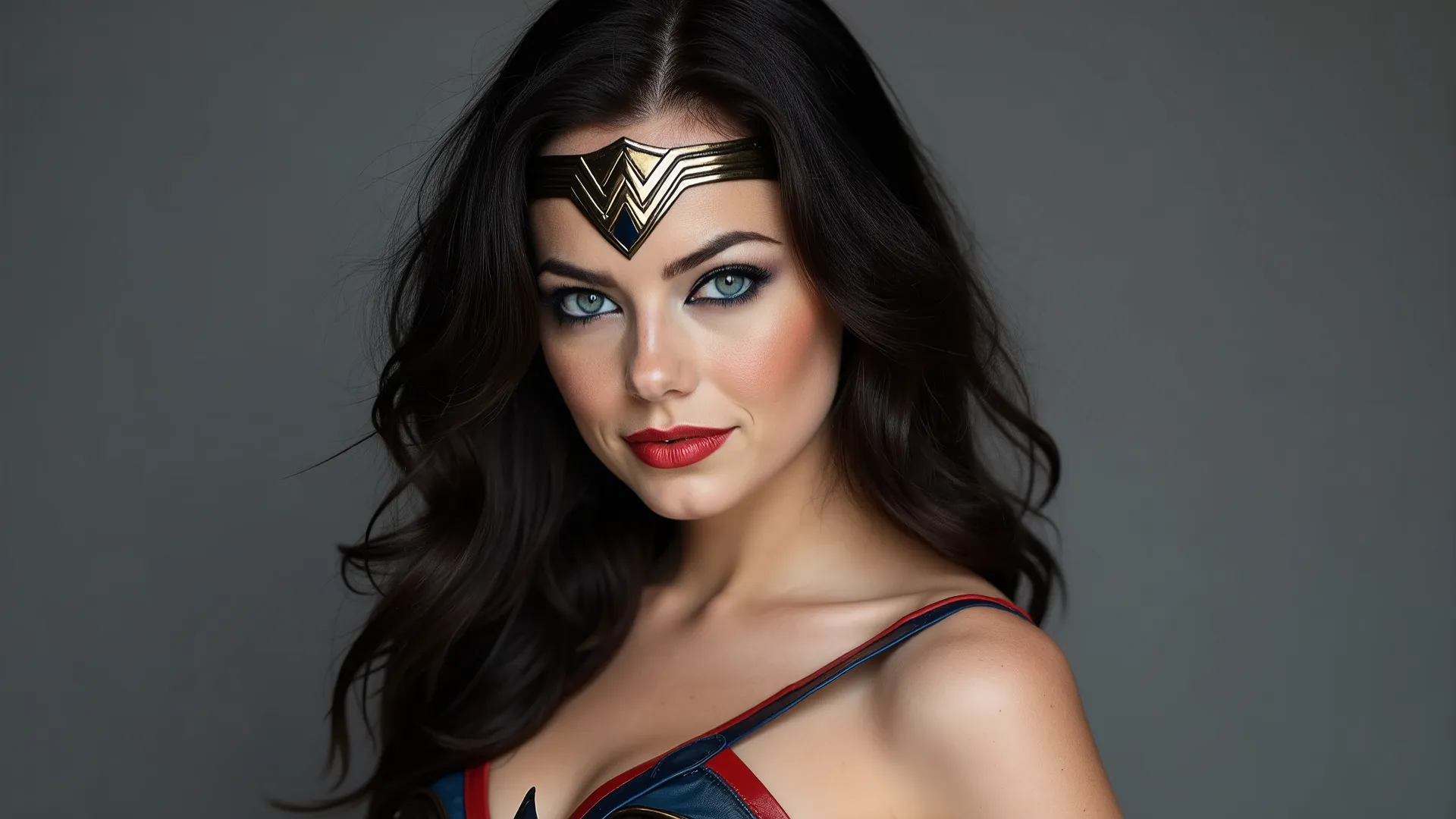 beautiful sensual cool woman with Amazon warrior Wonder Woman sporty fitness body black gathered hair blue eyes, white skin, red lips, round face full lips high arched eyebrows thin waist long shapely legs full breasts broad shoulders black red blue leath...