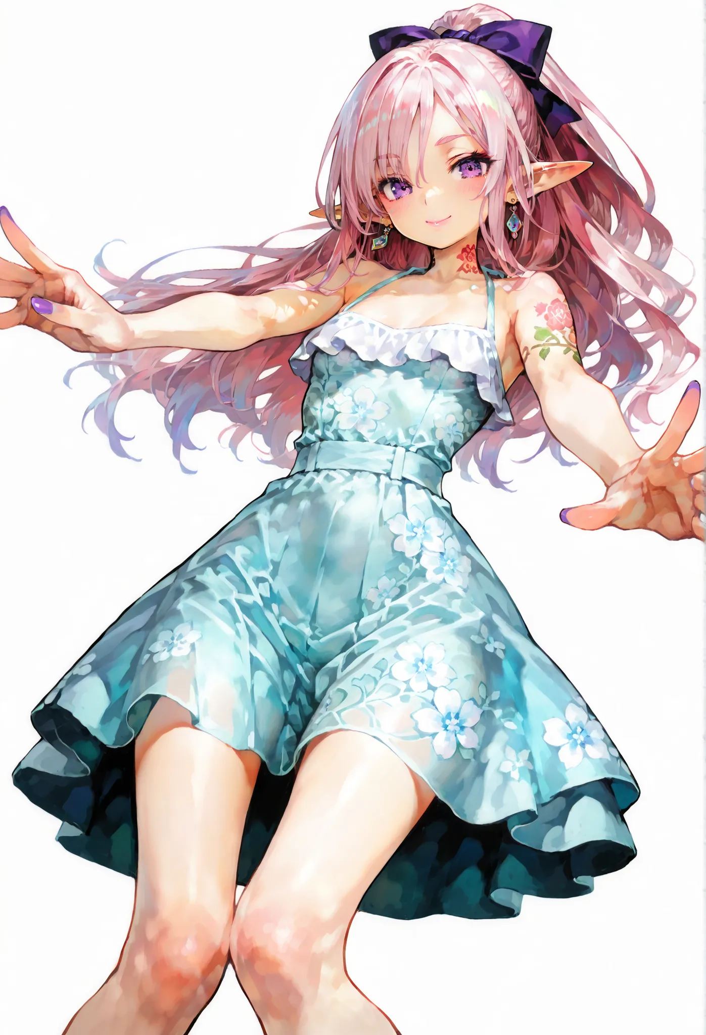 7-JapaneseArchitecture,masterpiece.( top quality), ( Ultra High Resolution), (white background):1.2,  ((solo、petite girl getting her knees、stares at the audience、pink hair、long hair、ponytail、Hair between eyebrows、elf ears、PURPLE EYES、pink lips、jewelry、earr...