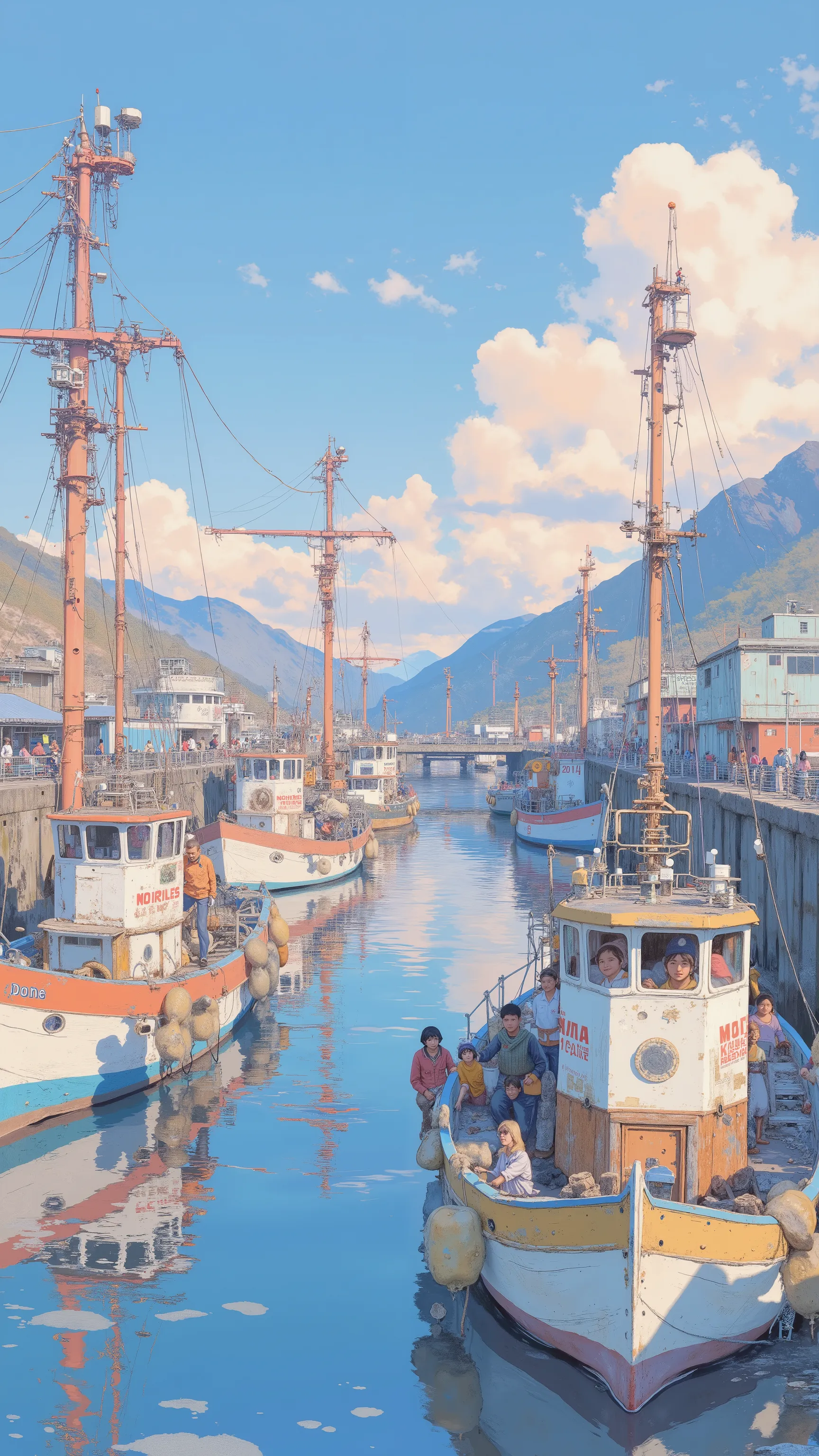 Lots of fishing boats calling at the port, by Kentaro Miura, big!!!!!!!!!!!!, slice of life anime, happy!!!, anime style”, official art, an retro anime image, by Hiroshi Arakawa, anime!!!!, FLCL