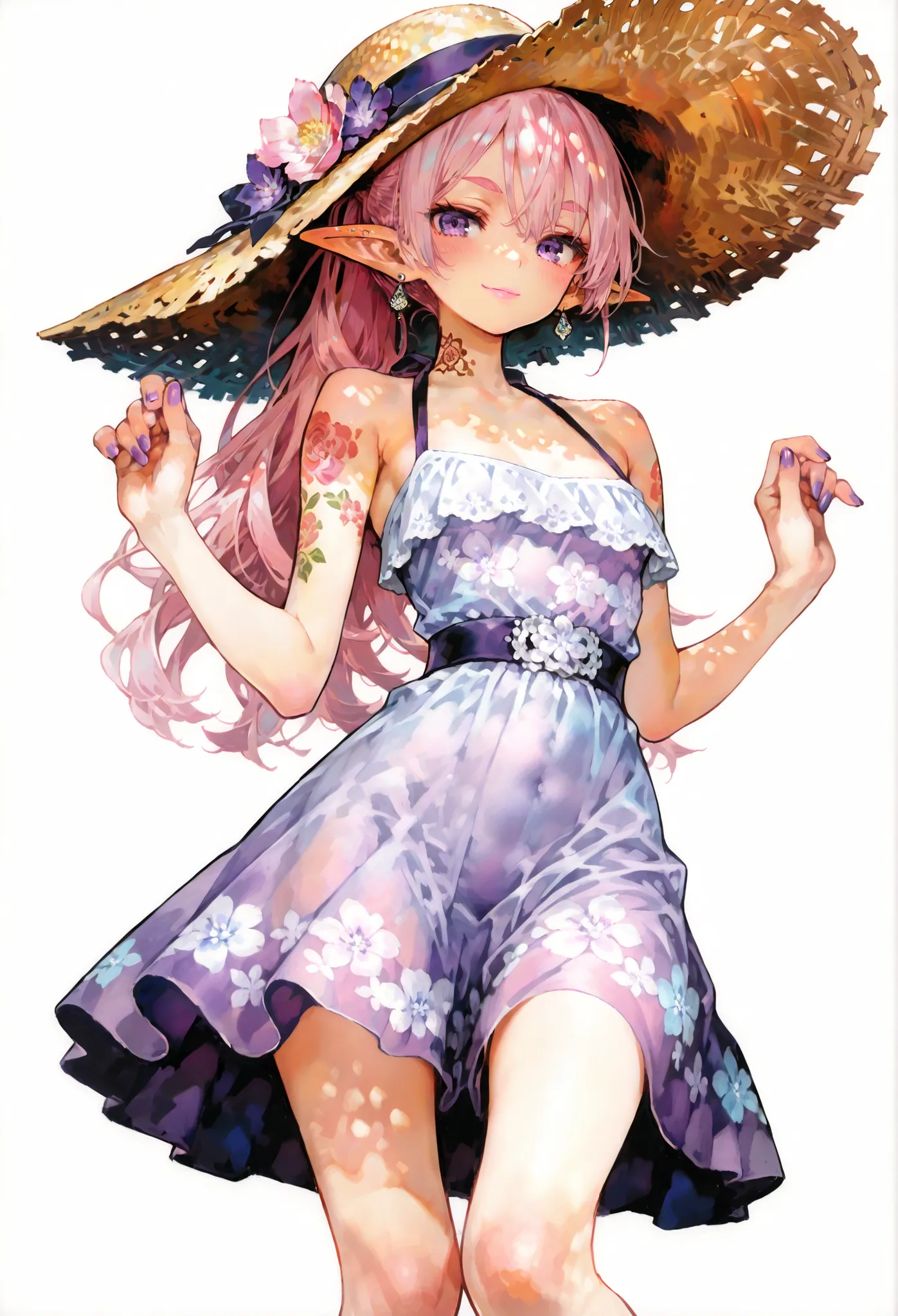7-JapaneseArchitecture,masterpiece.( top quality), ( Ultra High Resolution), (white background):1.2,  ((solo、petite girl getting her knees、stares at the audience、pink hair、long hair、ponytail、Hair between eyebrows、elf ears、PURPLE EYES、pink lips、jewelry、earr...