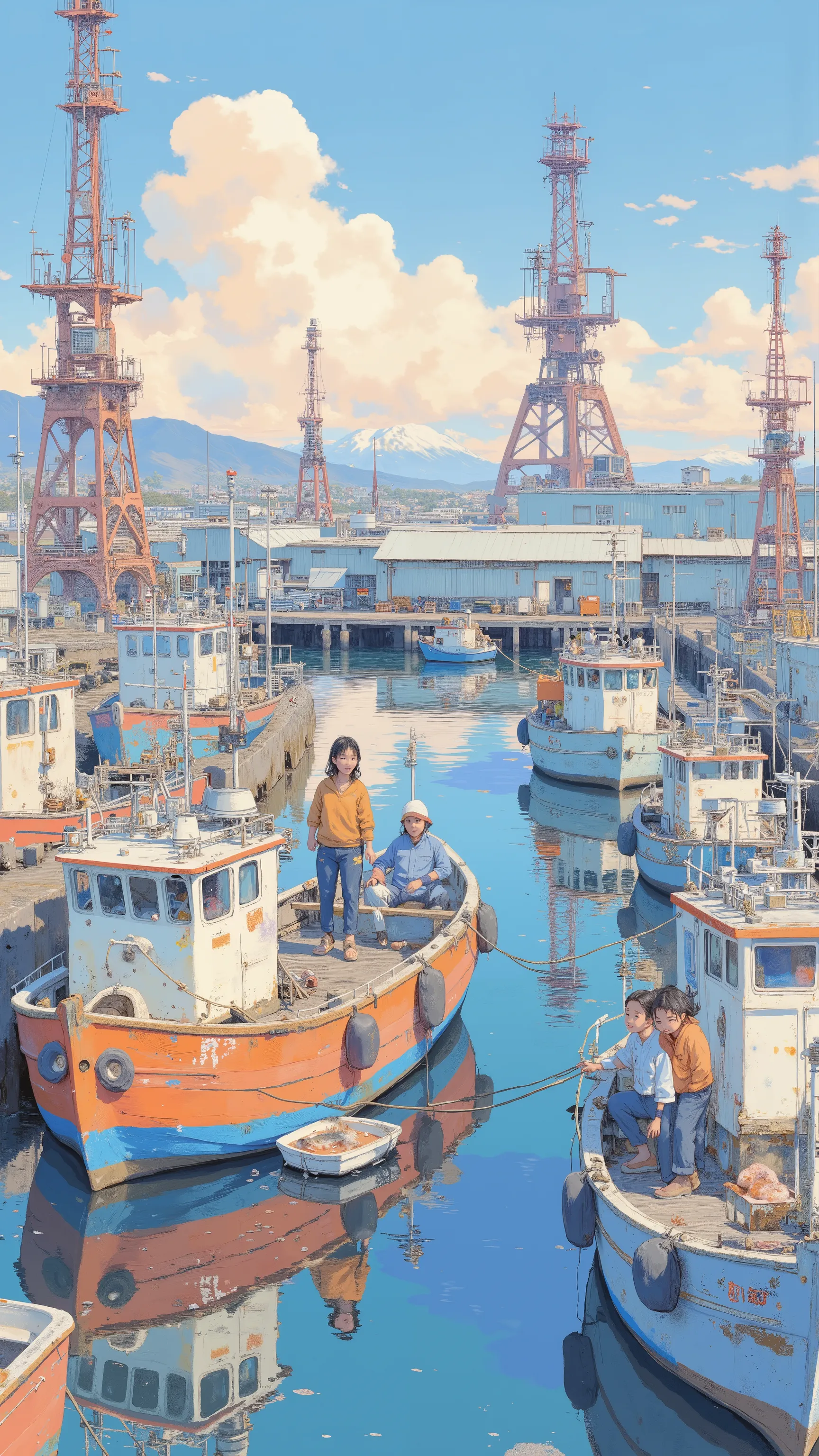 Lots of fishing boats calling at the port, by Kentaro Miura, big!!!!!!!!!!!!, slice of life anime, happy!!!, anime style”, official art, an retro anime image, by Hiroshi Arakawa, anime!!!!, FLCL