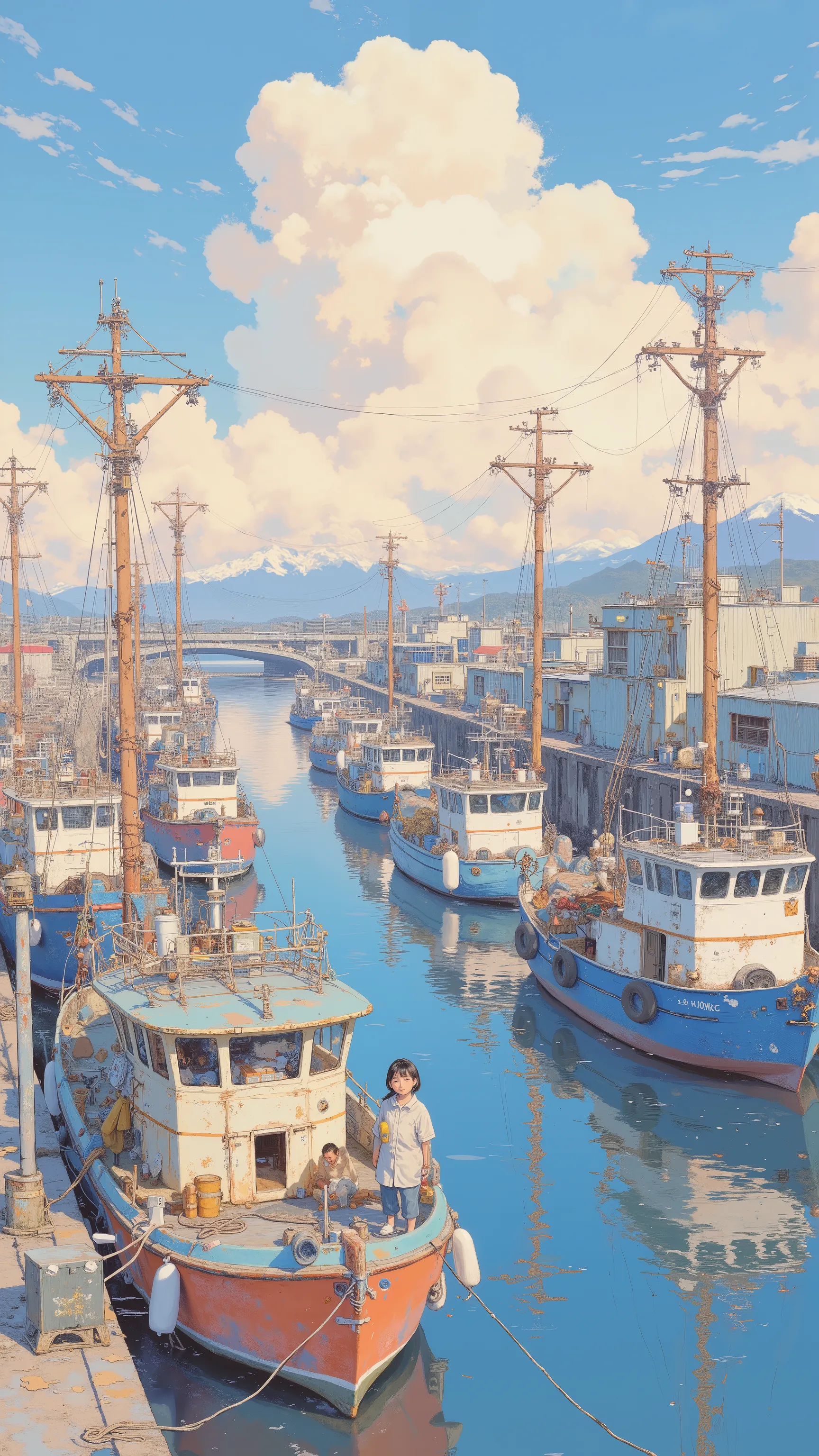 
Lots of fishing boats calling at the port, by Kentaro Miura, big!!!!!!!!!!!!, slice of life anime, happy!!!, anime style”, official art, an retro anime image, by Hiroshi Arakawa, anime!!!!, FLCL